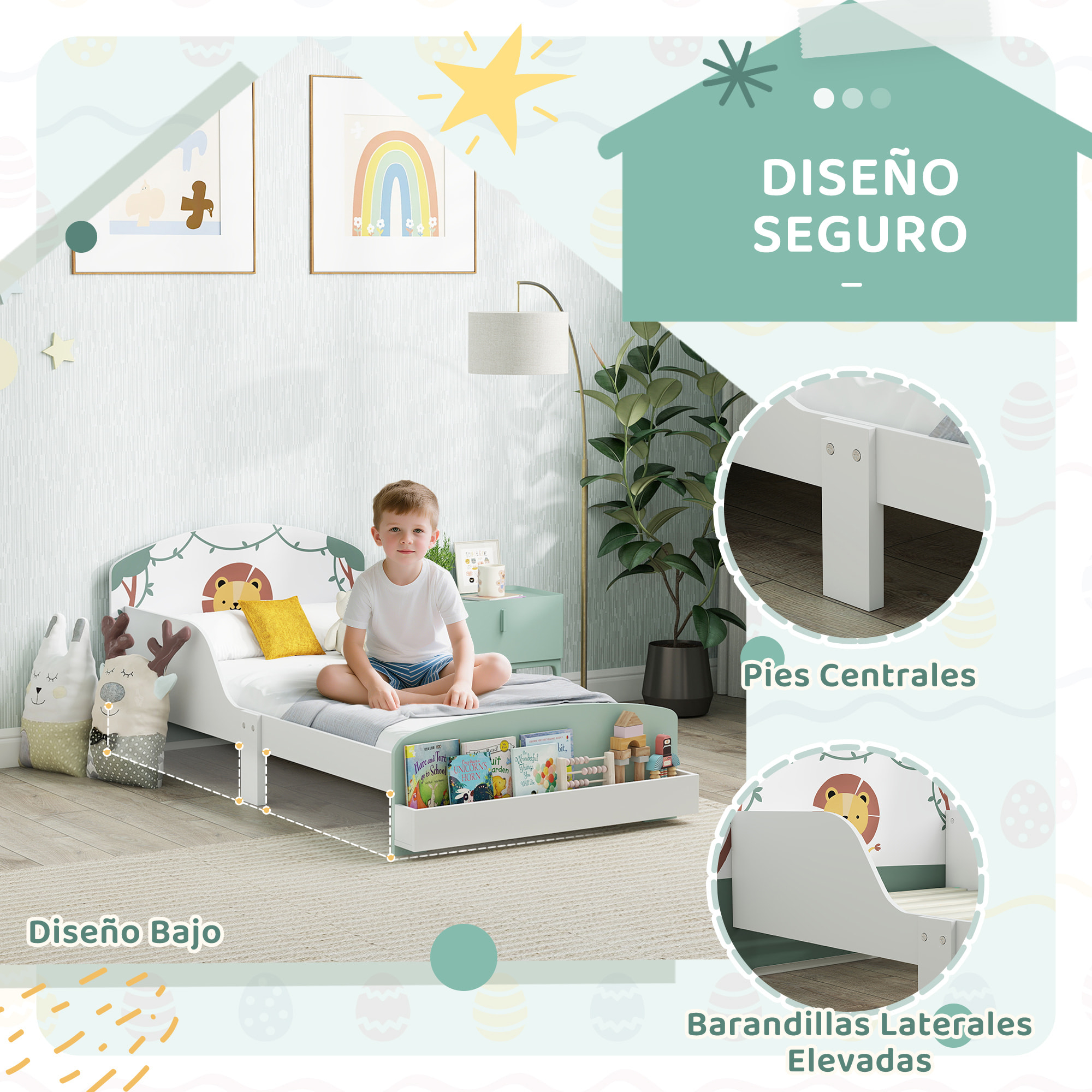 Cama infantil 70x140 cm de Madera con Almacenaje Cama para Niños de +3 Años con Protección Anticaída Cabecero en Dibujo de León Carga 40 kg para Dormitorio Verde