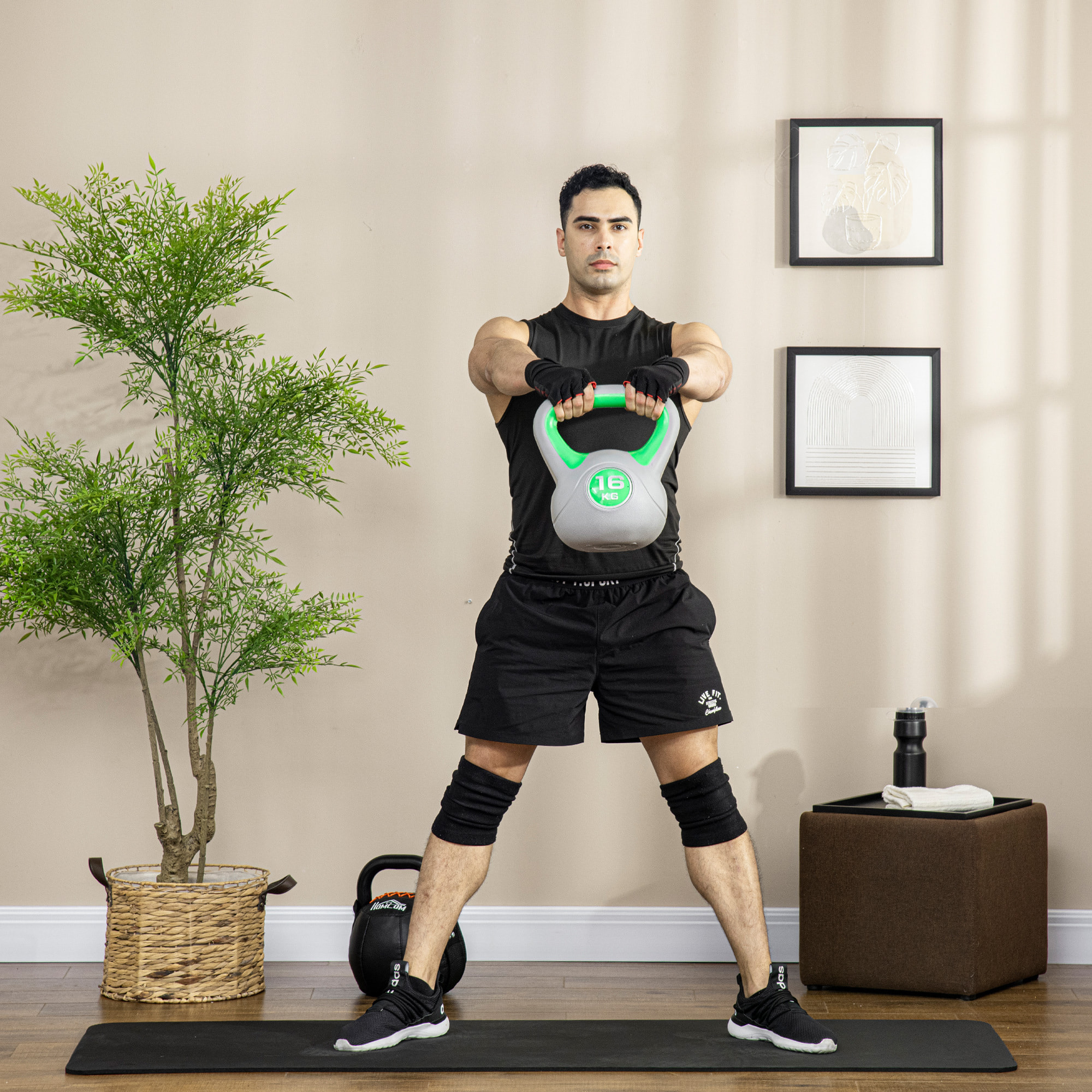 Pesa Rusa 16 kg, Kettlebell Revestimiento de PU y Relleno de Arena, Mango Ancho, para Entrenamiento Culturismo, en Casa, Gimnasio, Verde y Gris