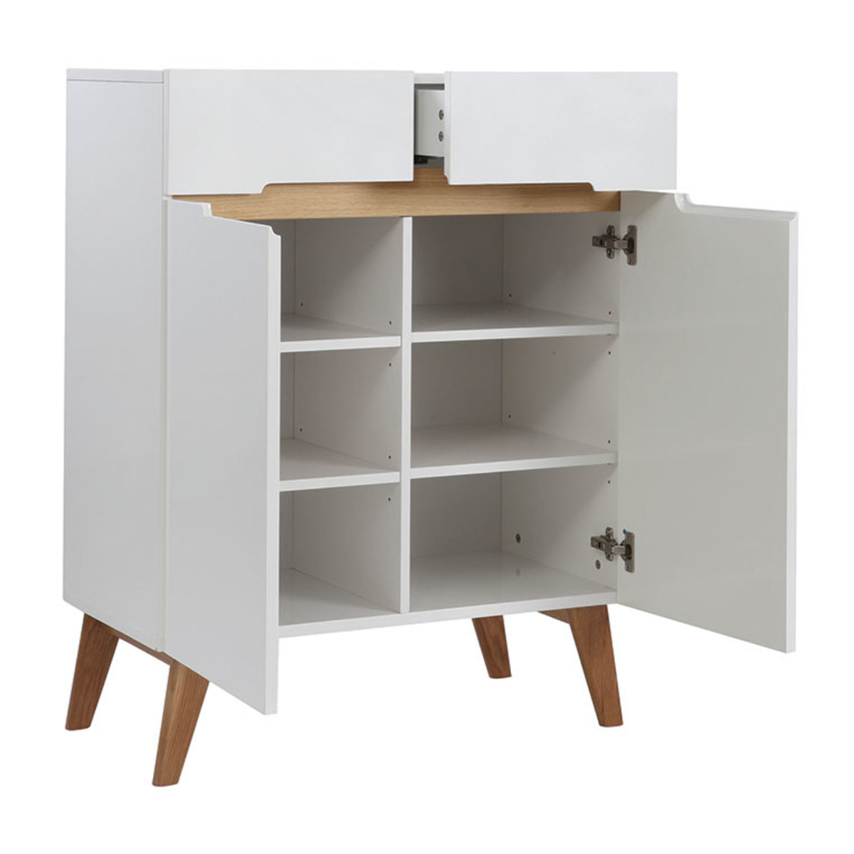Buffet scandinave blanc laqué brillant et finition bois clair 2 portes 2 tiroirs L80 cm MELKA