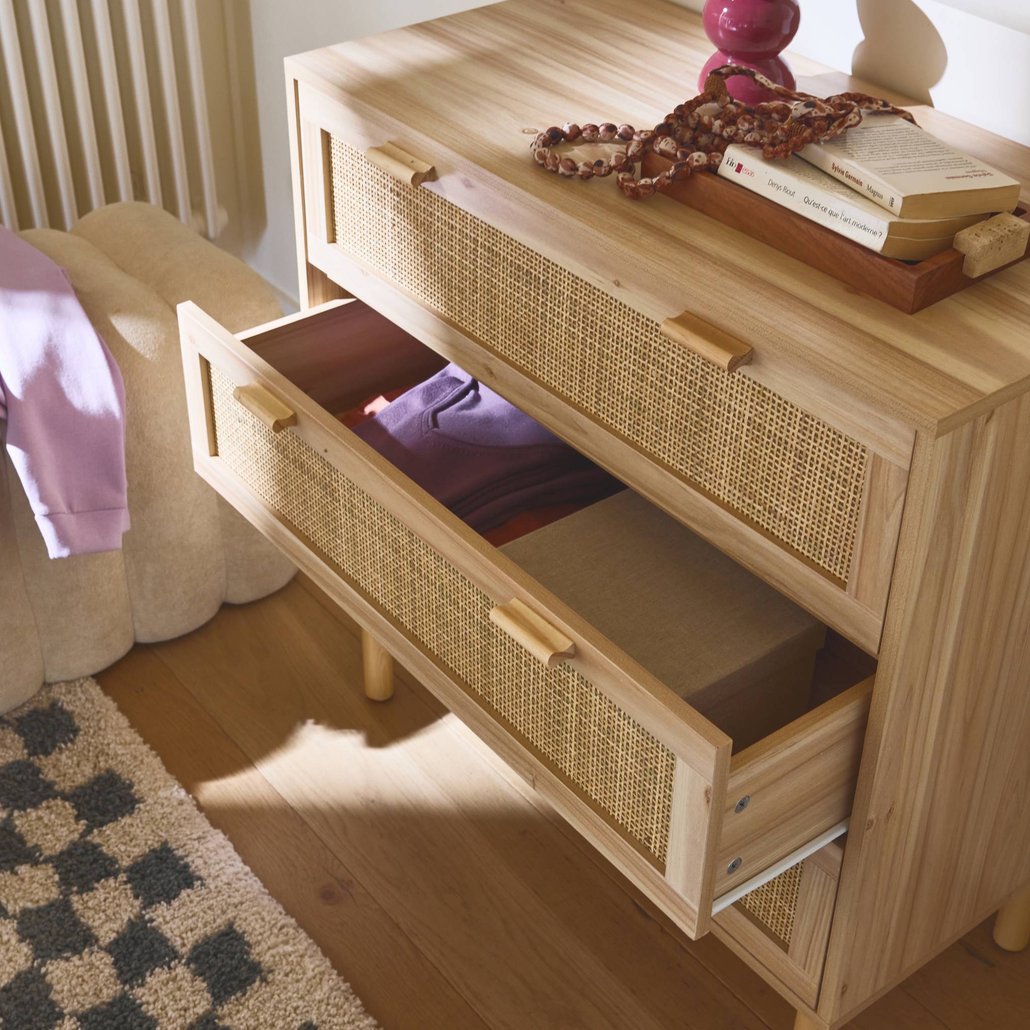 Commode 3 tiroirs cannage et effet bois CAMARGUE L 80 x P 40 x H 80cm