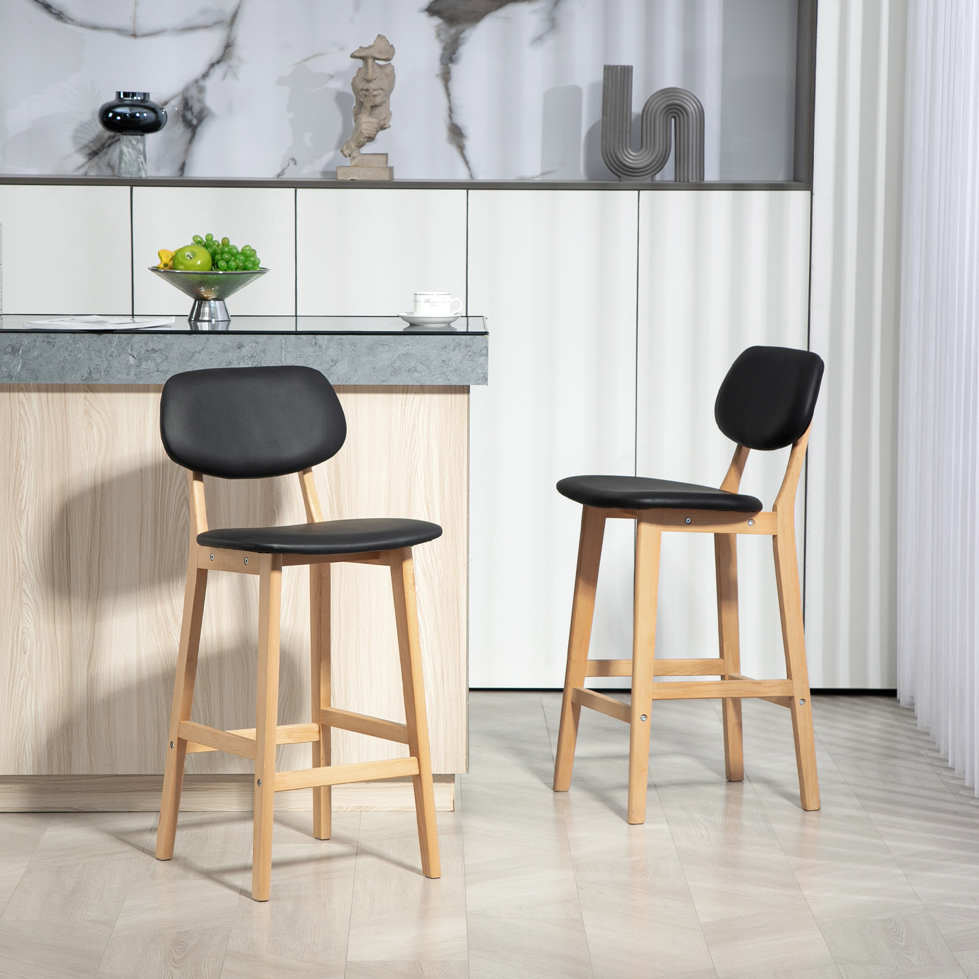 Lot de 2 tabourets de bar style néo-rétro structure piètement bois assise dossier PU noir