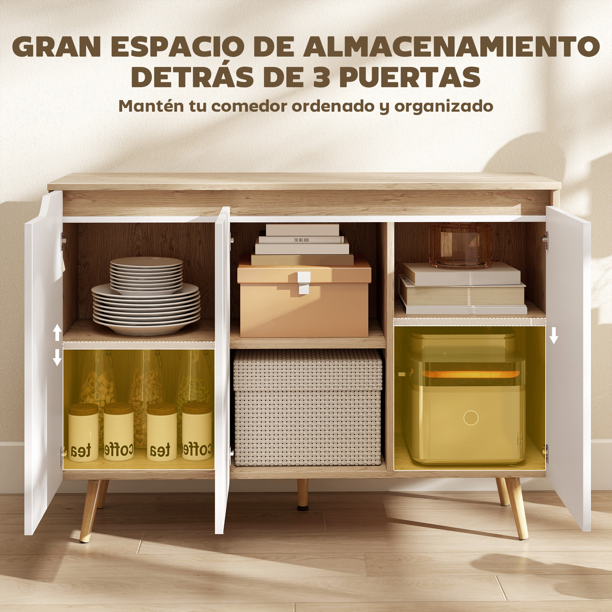 Aparador de 3 Puertas, Aparador de Salón con Estantes Ajustables, Patas de Madera, para Cocina, Entrada, Dormitorio, Roble y Blanco, 107x35x76,5 cm