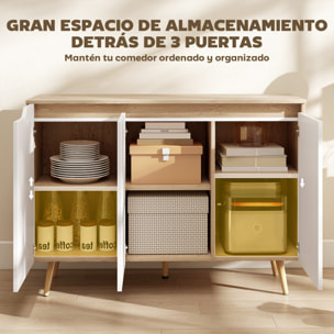 Aparador de 3 Puertas, Aparador de Salón con Estantes Ajustables, Patas de Madera, para Cocina, Entrada, Dormitorio, Roble y Blanco, 107x35x76,5 cm