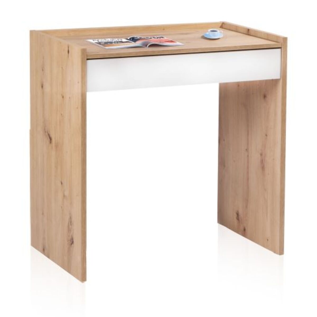 Mesa de escritorio con cajón Dess Blanco Artik (Blanco Mate) - Roble Nodi