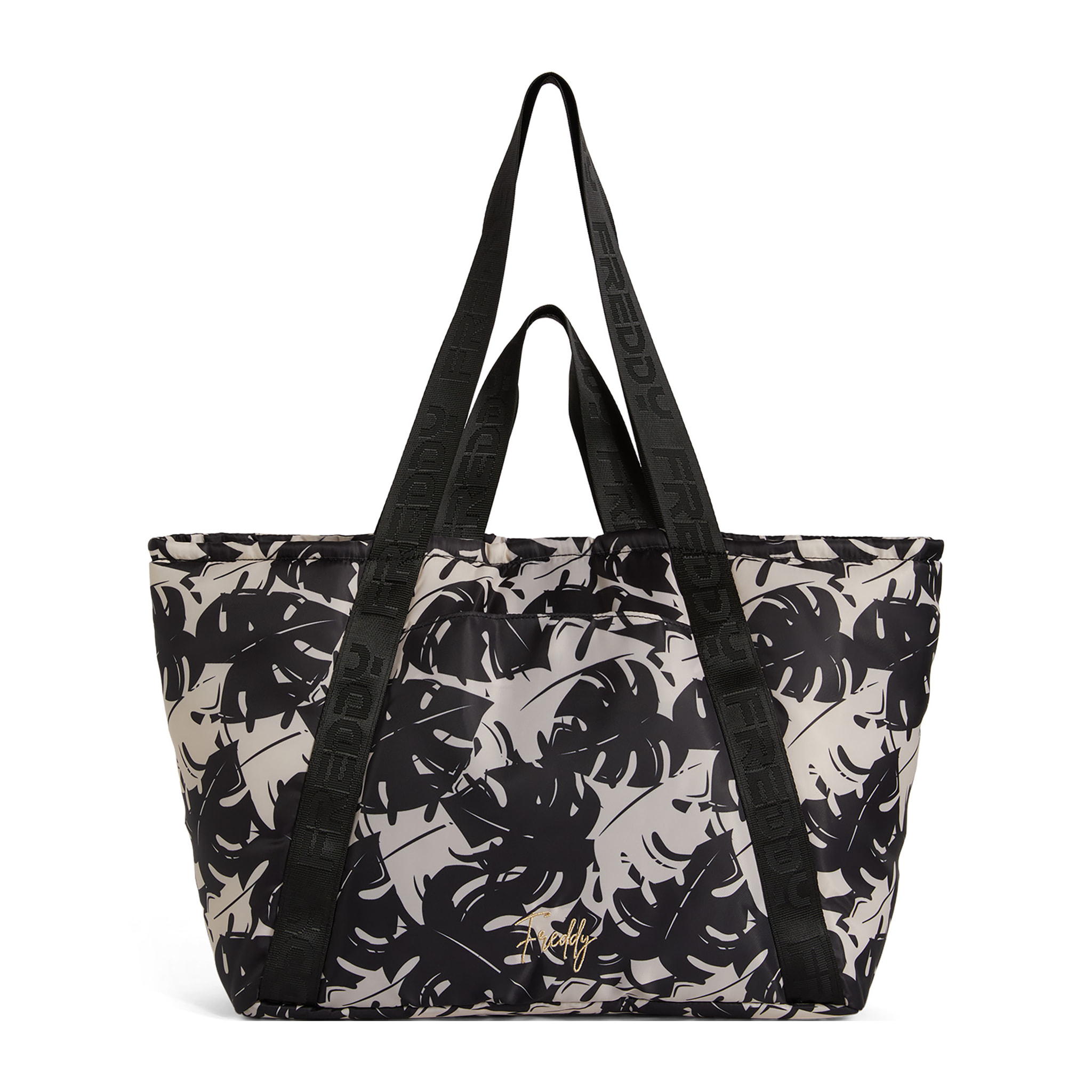 Borsa shopper fantasia foliage bicolore con manici logati