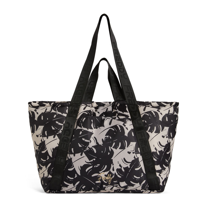 Borsa shopper fantasia foliage bicolore con manici logati