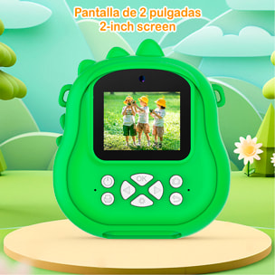 Fotocamera per bambini da 50MP, video 1080p, fotocamera duale, schermo da 2" e zoom digitale 16x. Con stampa istantanea. Design dinosauro.