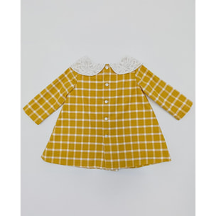 Vestido cuello bordado cuadros amarillo