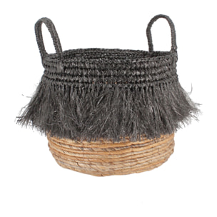 PANIER EN ABACA NATUREL A FRANGES NOIRES PETIT DIAM 30CM X HT 36CM ZALO