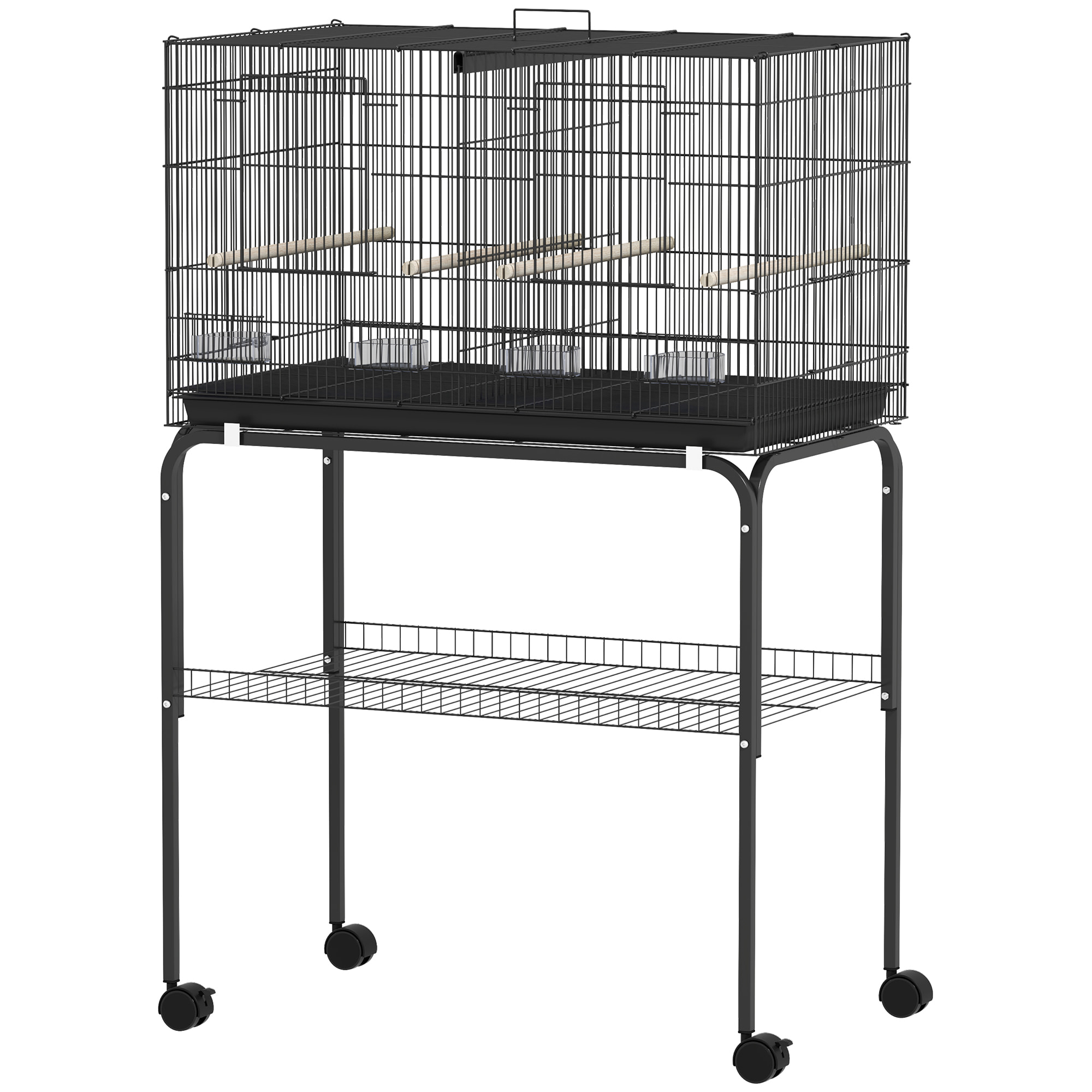 Cage à oiseaux mobile volière acier avec séparateur - 4 perchoirs, mangeoires, portes, trappes, plateau déjection - noir