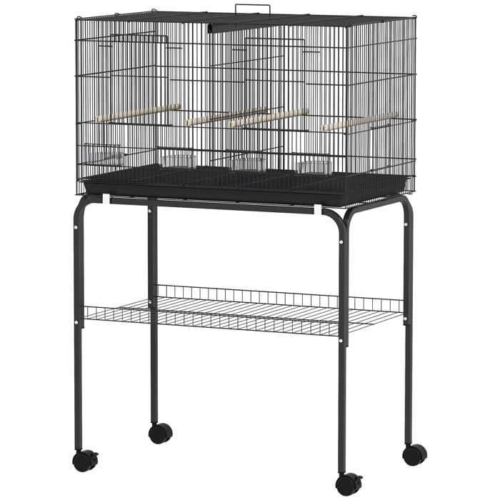 Cage à oiseaux mobile volière acier avec séparateur - 4 perchoirs, mangeoires, portes, trappes, plateau déjection - noir