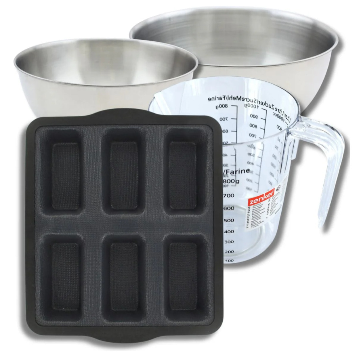 Set pâtisserie avec moule à 6 financiers silicone, 2 bols à mixer, verre mesureur et spatule Zenker