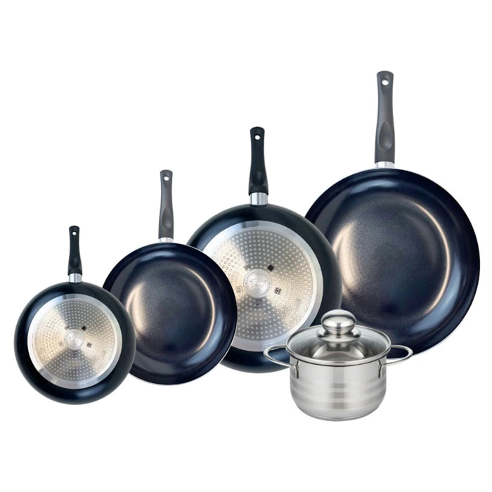 Ensemble de 4 Poêles de cuisson 20, 24, 28 et 32 cm et 1 faitout 16 cm Elo Prima Brillant