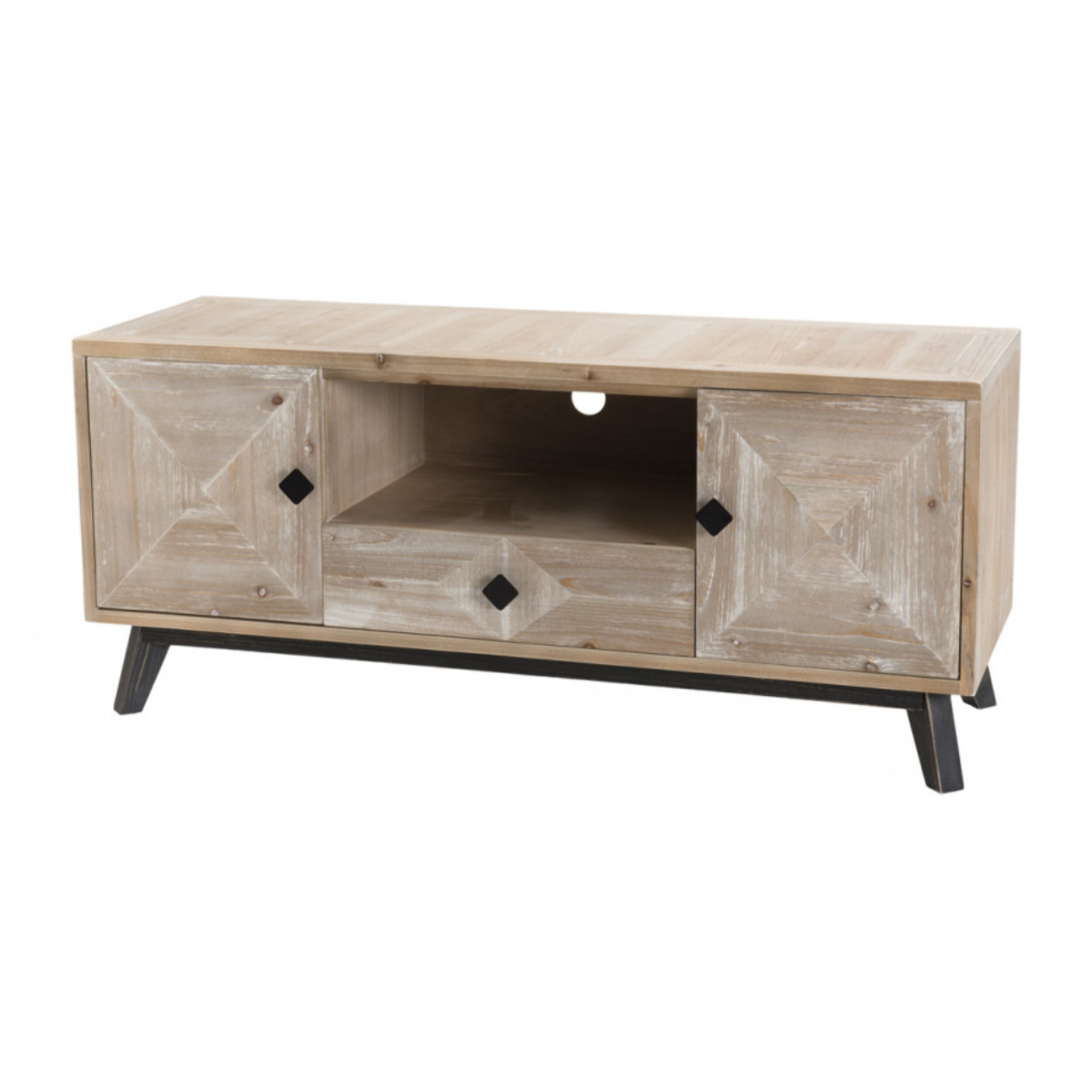 ANDRO - Meuble TV beige scandi 2 portes 1 tiroir 1 niche pieds noirs