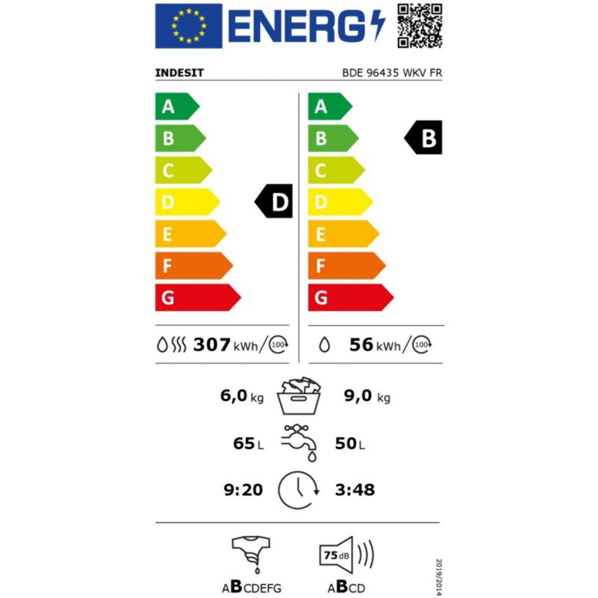 Lave linge séchant hublot INDESIT BDE96435WKVFR - 9/6 kg - 1400 tr/min - Classe D - Moteur induction