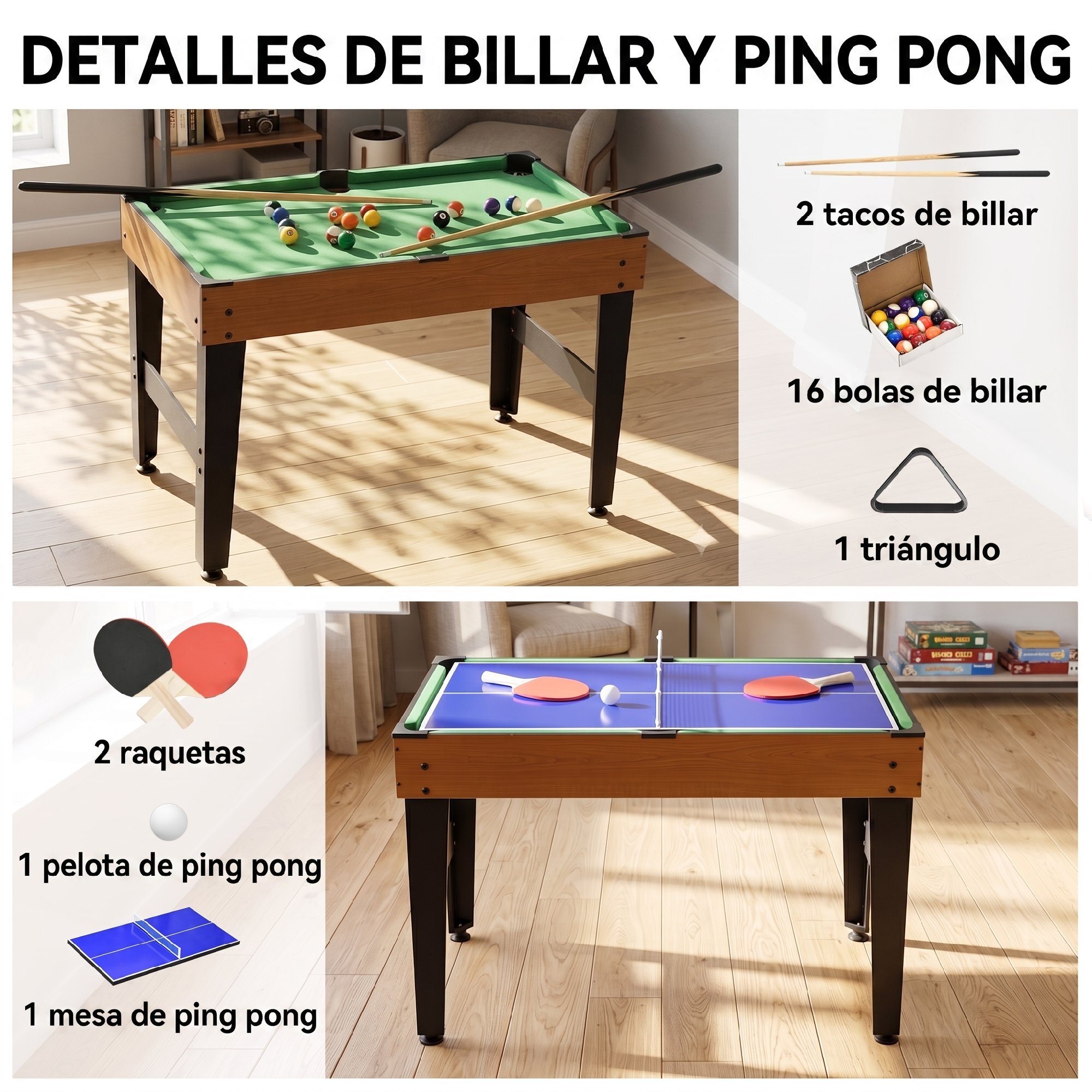 Mesa Multijuegos 4 en 1, Mesa de Juegos con Futbolines, Billar, Hockey, Ping Pong y Accesorios, Fácil Montaje, Compacta, Diversión Familiar para Adultos y Niños, 107x61x84,5 cm, Natural y Negro