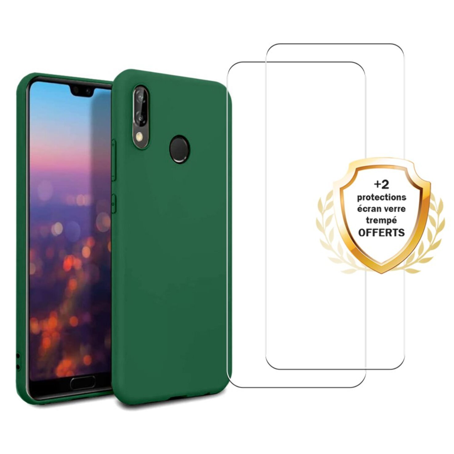 Coque Huawei P30 Lite/ P30 Lite XL Silicone Liquide Vert + 2 Vitres en Verre Trempé Protection écran