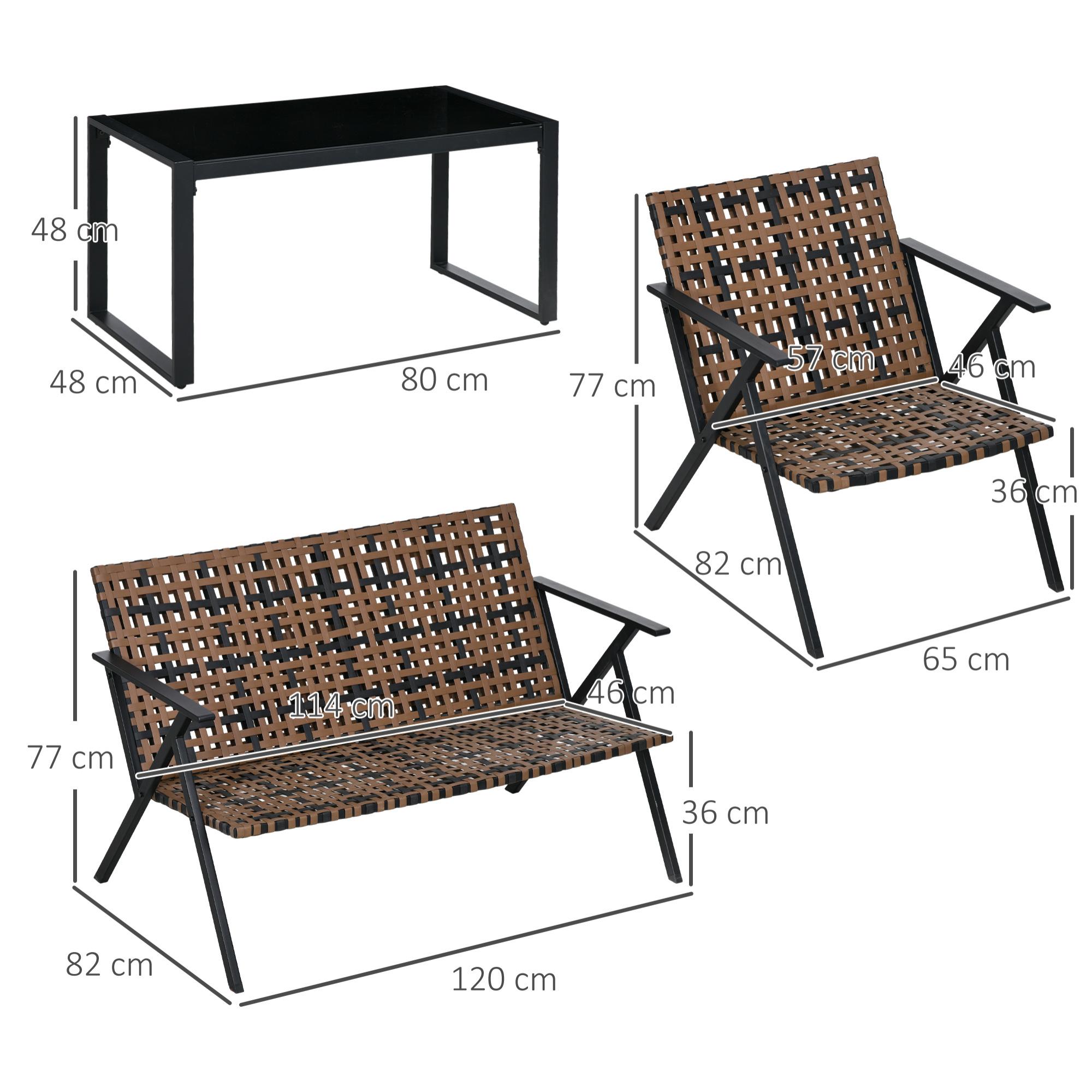 Conjunto de Jardín de Ratán Sintético Juego de 4 Piezas Muebles de Jardín con 2 Sofás Individuales 1 Sofá de 2 Plazas y 1 Mesa de Vidrio Templado para Terraza Patio Marrón y Negro