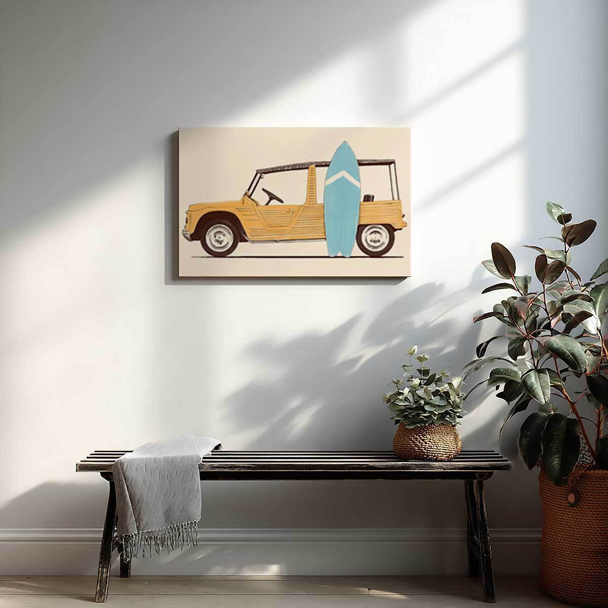 Tableau Voiture Mehari et planche de surf Toile imprimée