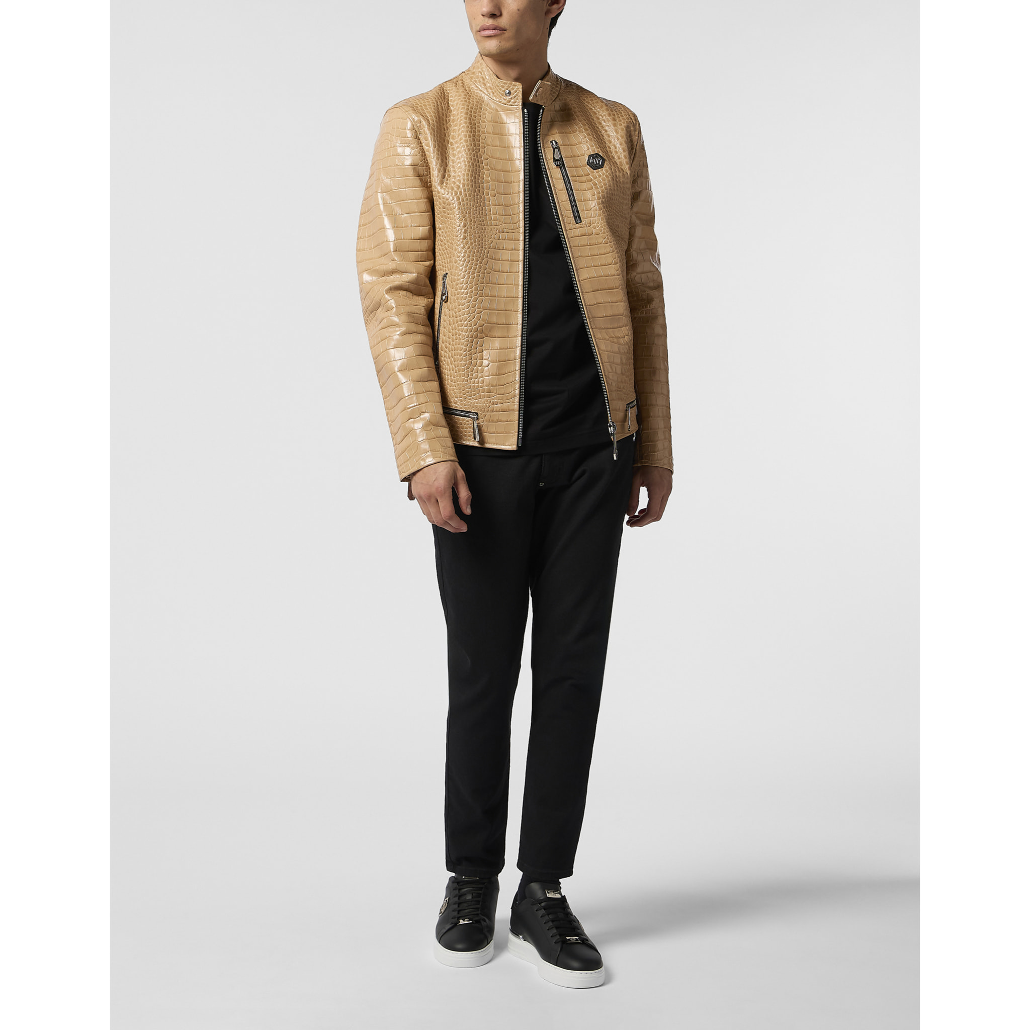 PHILIPP PLEIN Leather Moto Jacket Cocco