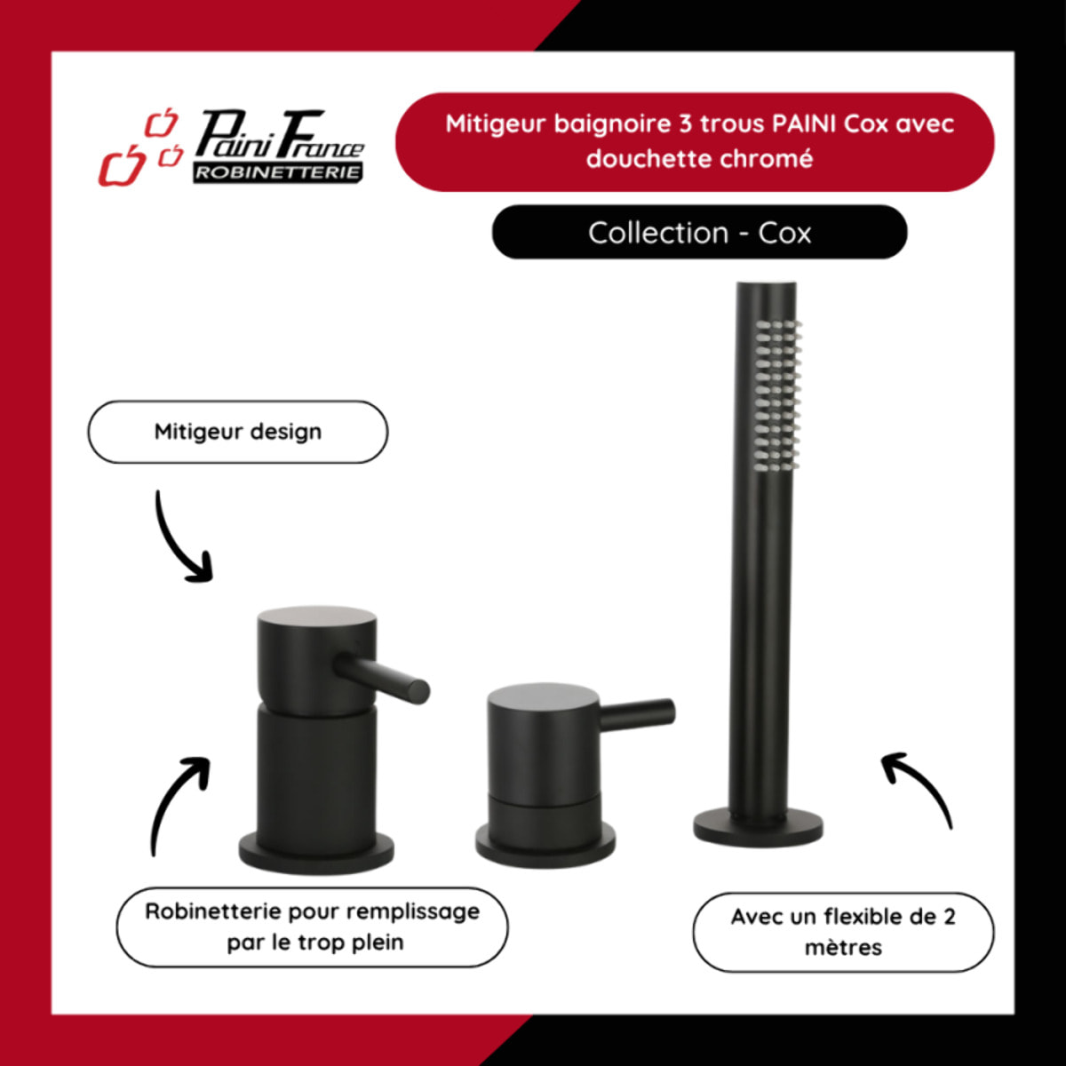 Mitigeur baignoire mécanique 3 trous PAINI Cox pour remplissage par le vidage avec douchette Noir mat