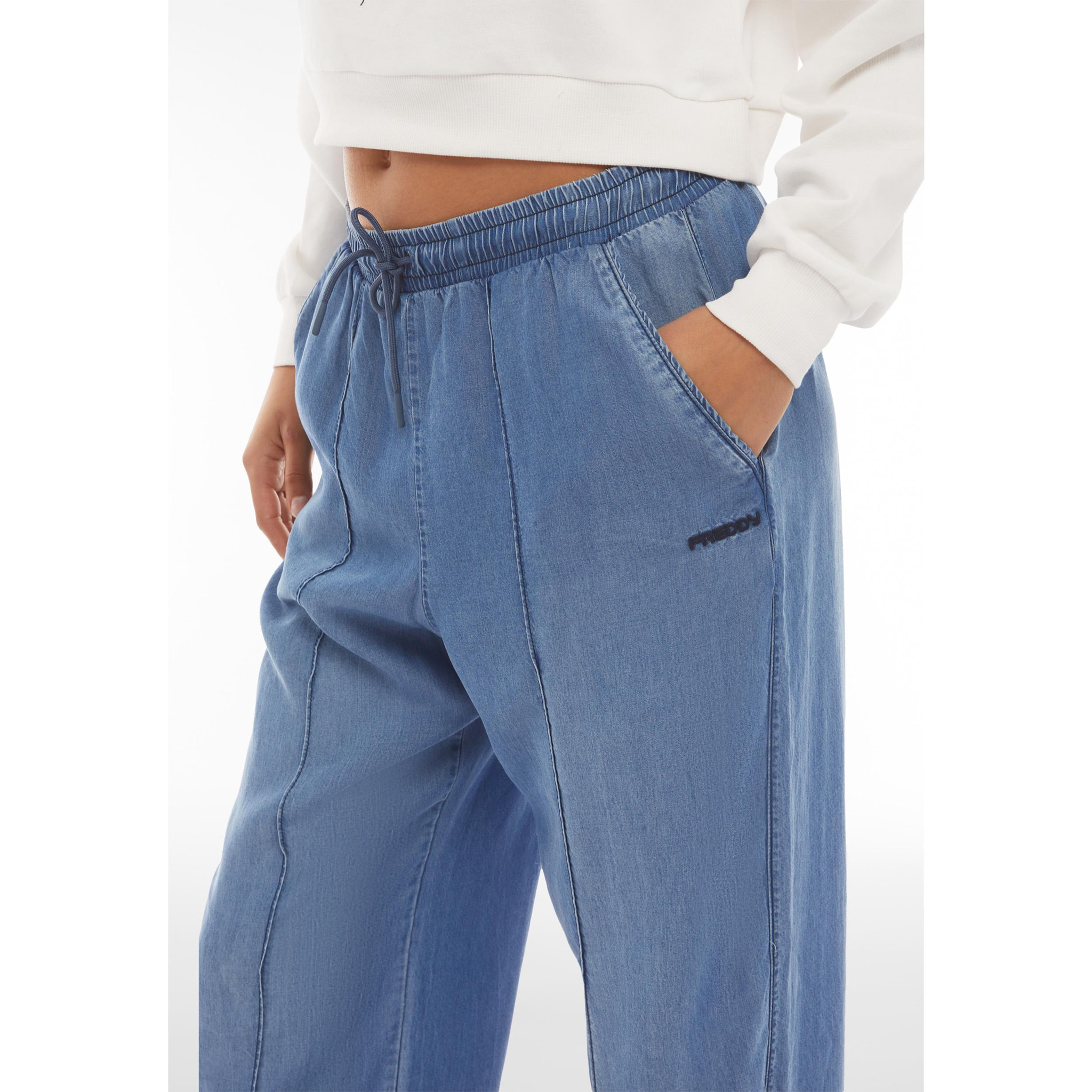 Pantaloni gamba ampia in tessuto chambray effetto denim