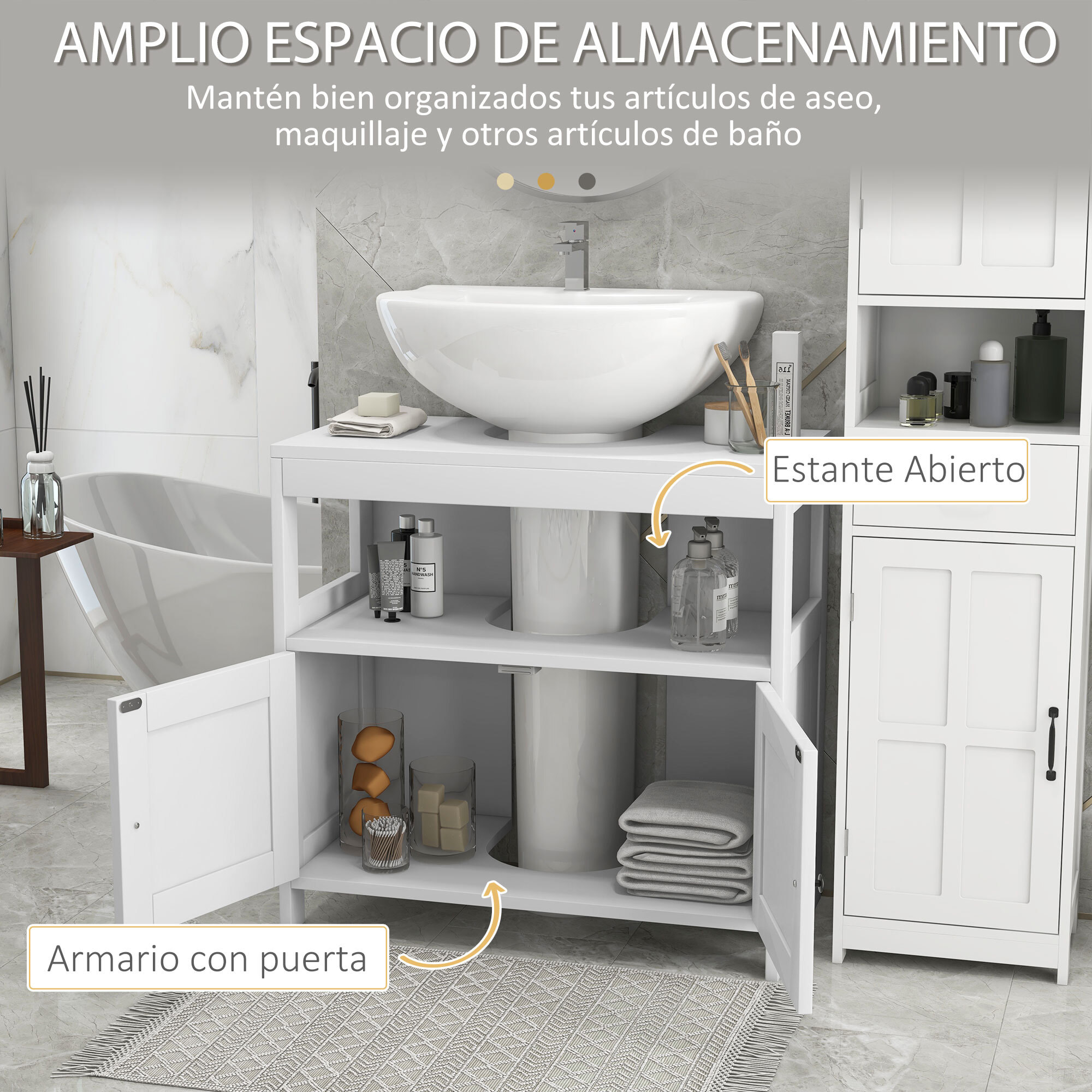 Mueble para Debajo del Lavabo con 2 Puertas y Estante Abierto Mueble Lavabo con Pie Moderno Carga 30 kg 60x30x60 cm Blanco