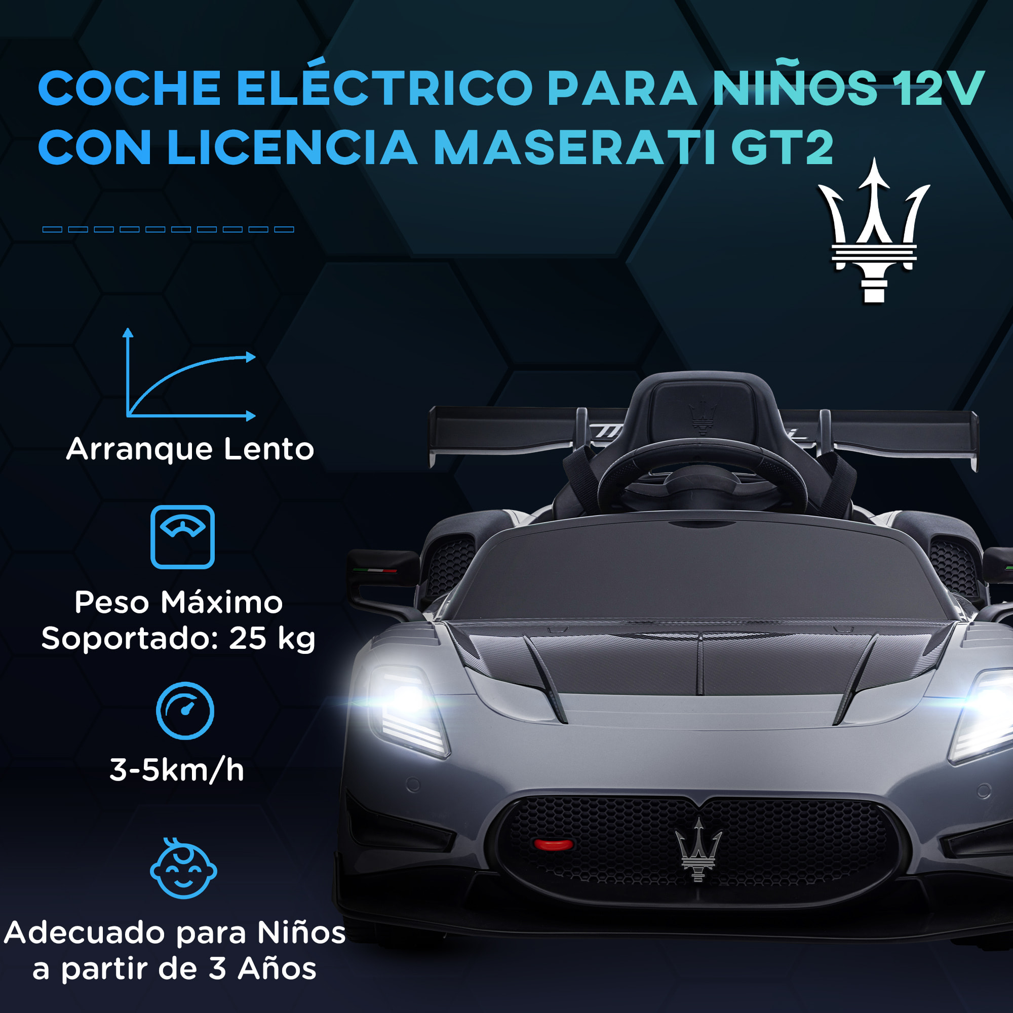 Coche Eléctrico para Niños de +3 Años Maserati GT2 Coche Eléctrico con Batería 12V Carro Eléctrico Infantil con Mando a Distancia Faros LED Bocina Música y Ruedas Auxiliares Gris