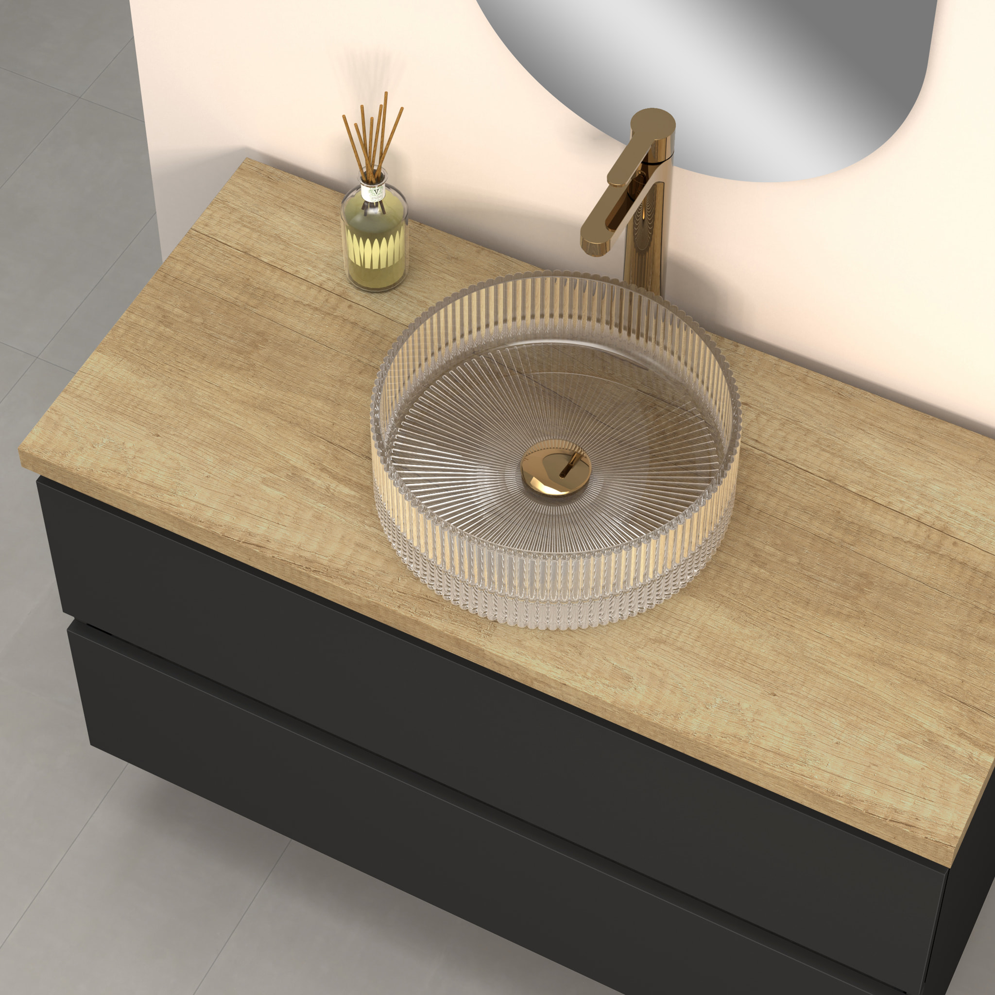 ENSEMBLE DE SALLE DE BAINS KUB | 100 CM NOIR | DEUX TIROIRS | ÉVIER EN VERRE | MIROIR NON INCLUS | MEUBLES ASSEMBLÉS | ALDAY