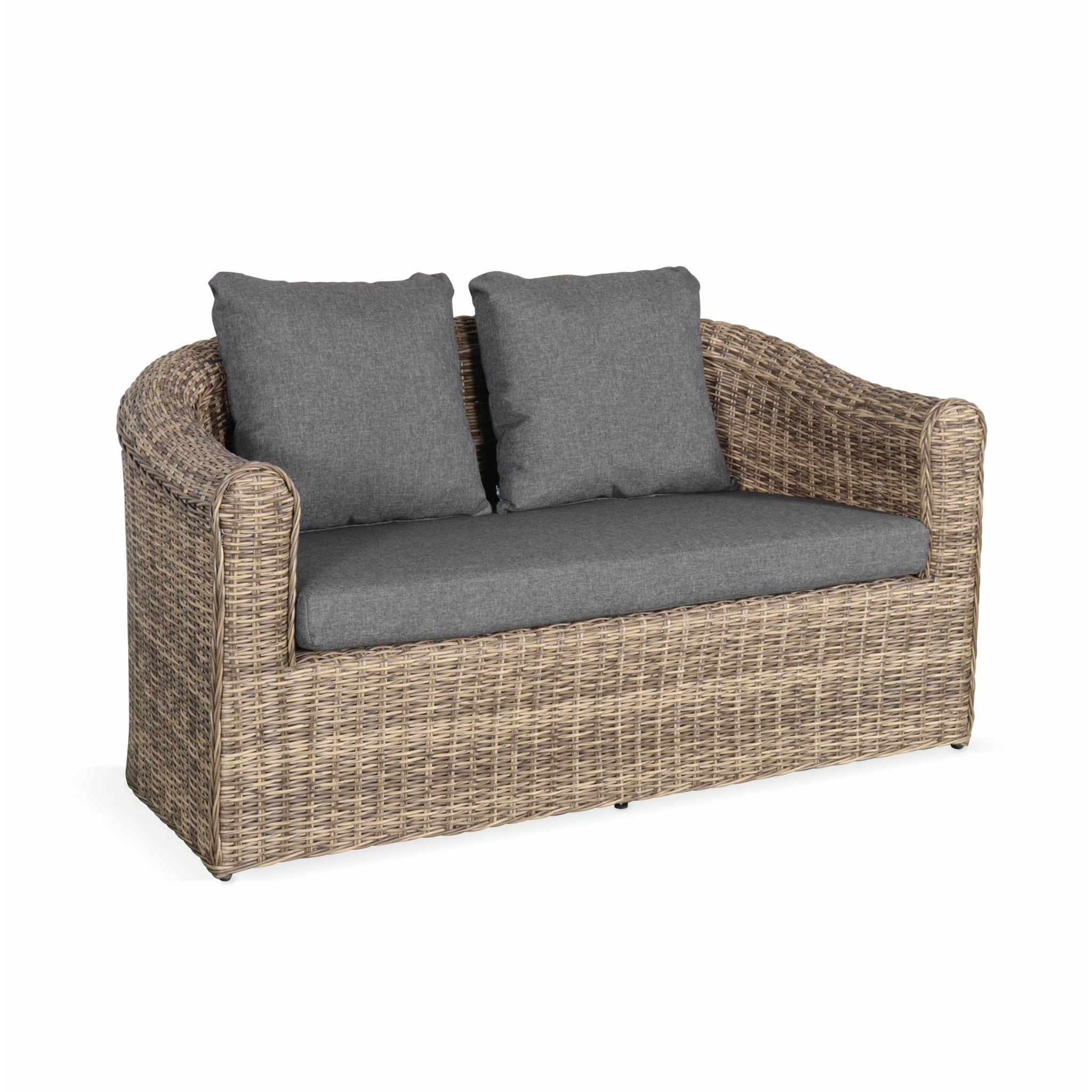 Salon de jardin en résine tressée arrondie 4 places - Valentino Naturel - Coussins anthracite. canapé fauteuils table basse