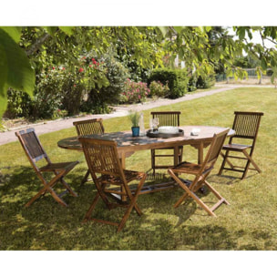 HANNA - Salon de jardin en bois teck huilé 8/10 personnes - 1 table ovale extensible 180/240*100 cm et 6 chaises