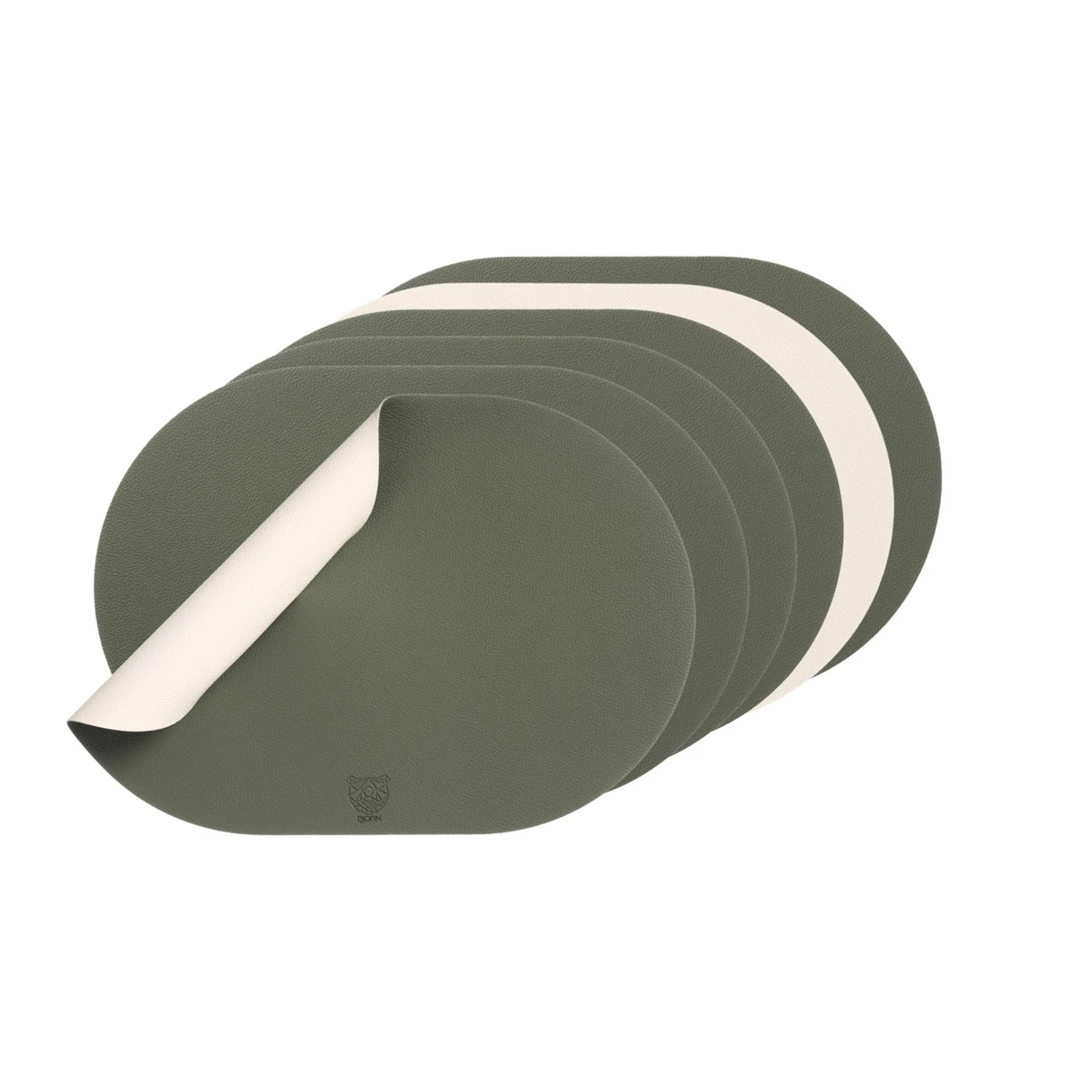 Set de table ovale réversible - 6 pièces - Cuir recyclé blanc crème et vert de gris