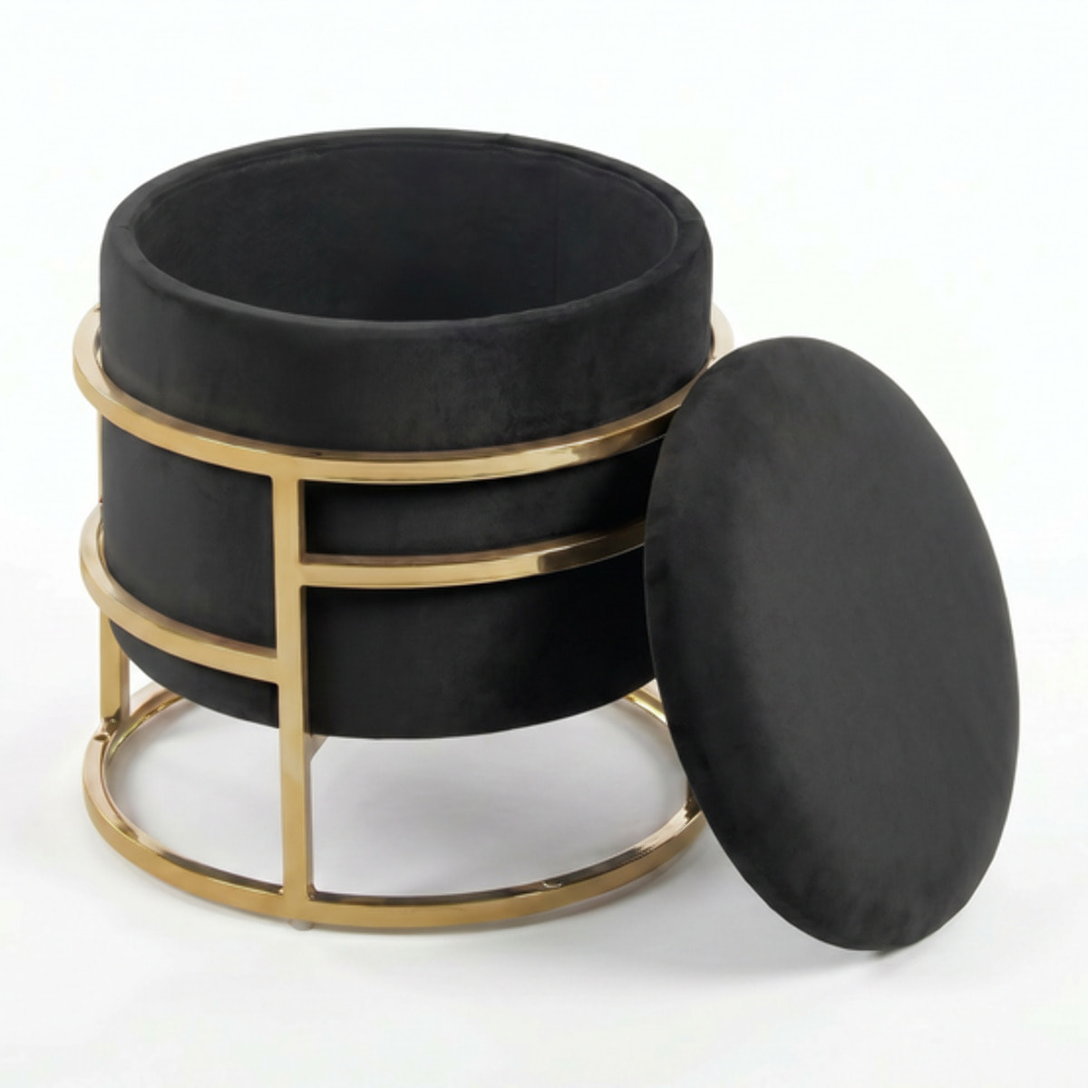 Pouf Contenitore Rotondo in Velluto con Coperchio e Base in Acciaio Dorata, Seduta Imbottita con Vano Contenitore dallo Stile Elegante per Soggiorno, Camera da Letto e Ingresso