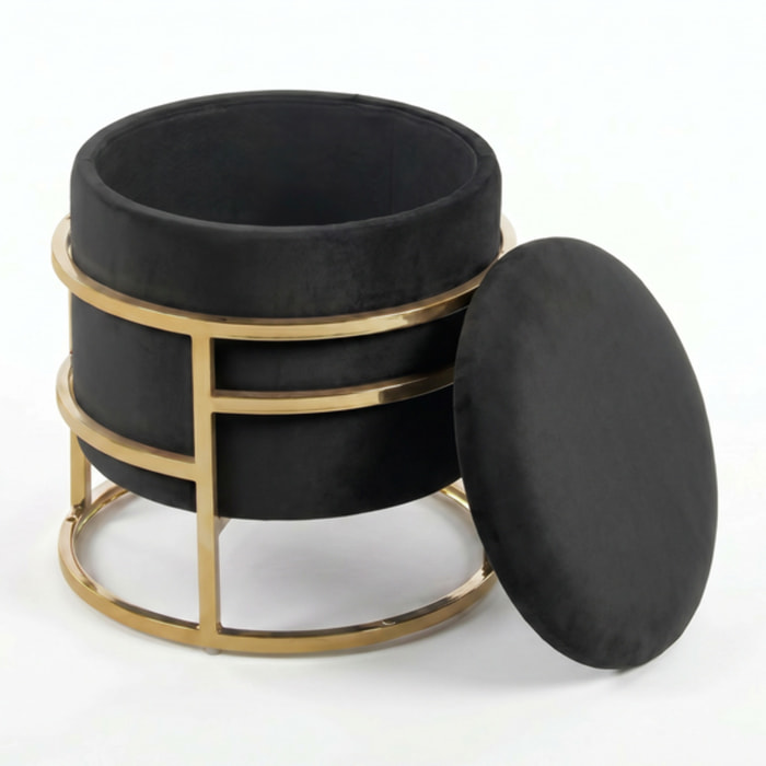 Pouf Contenitore Rotondo in Velluto con Coperchio e Base in Acciaio Dorata, Seduta Imbottita con Vano Contenitore dallo Stile Elegante per Soggiorno, Camera da Letto e Ingresso