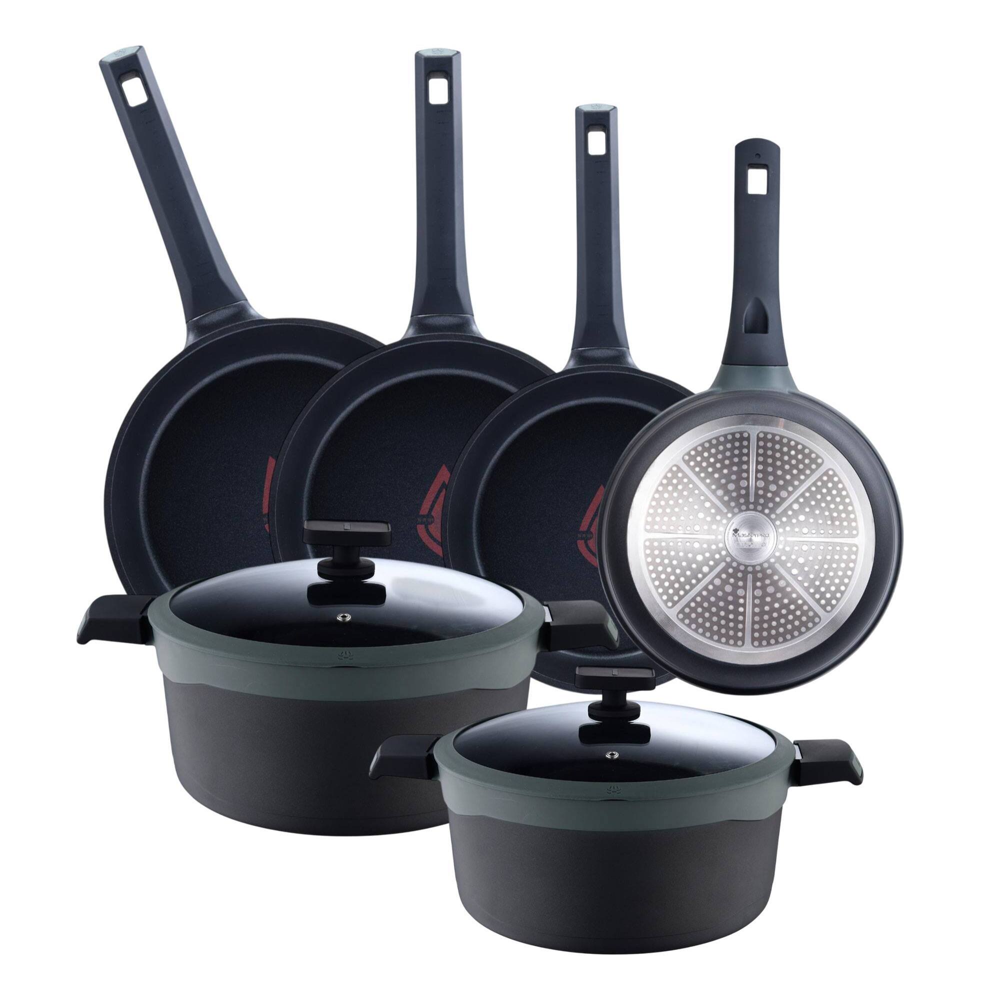 Juego de 2 Cacerolas Ø24cm(4,7L)Ø28cm(7,2L) + Cazo Ø16cm(1,3L) + 3 Sartenes Ø20Ø24Ø28cm en Aluminio fundido con tapas GASTRO REECO MasterPRO