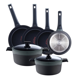 Juego de 2 Cacerolas Ø24cm(4,7L)Ø28cm(7,2L) + Cazo Ø16cm(1,3L) + 3 Sartenes Ø20Ø24Ø28cm en Aluminio fundido con tapas GASTRO REECO MasterPRO