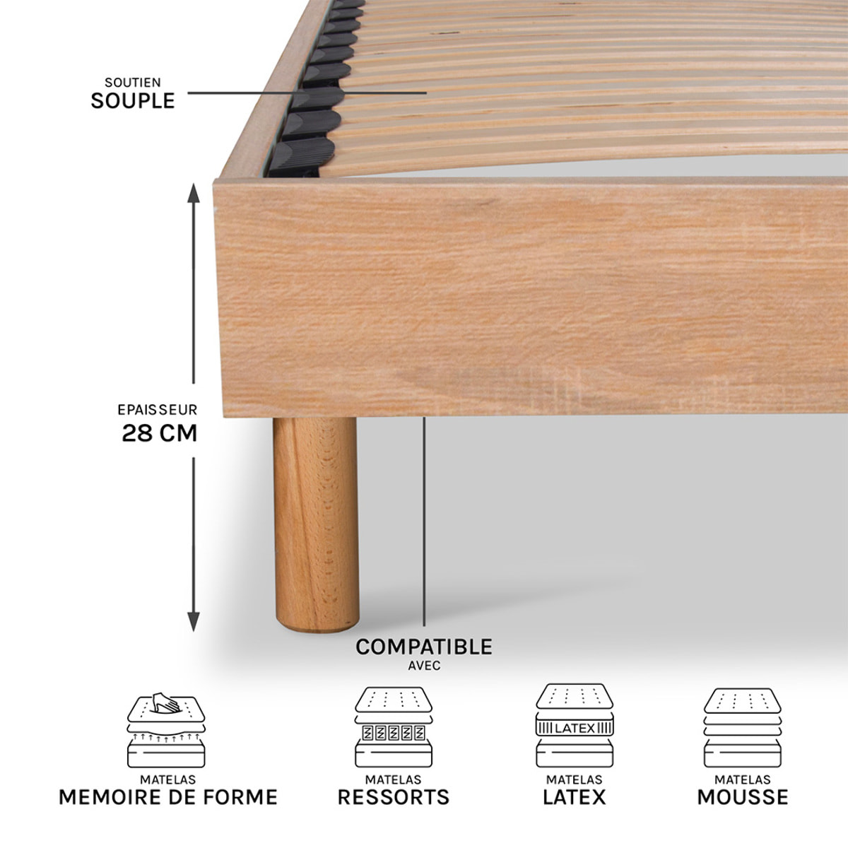 Sommier à lattes apparentes MDF & bois massif
