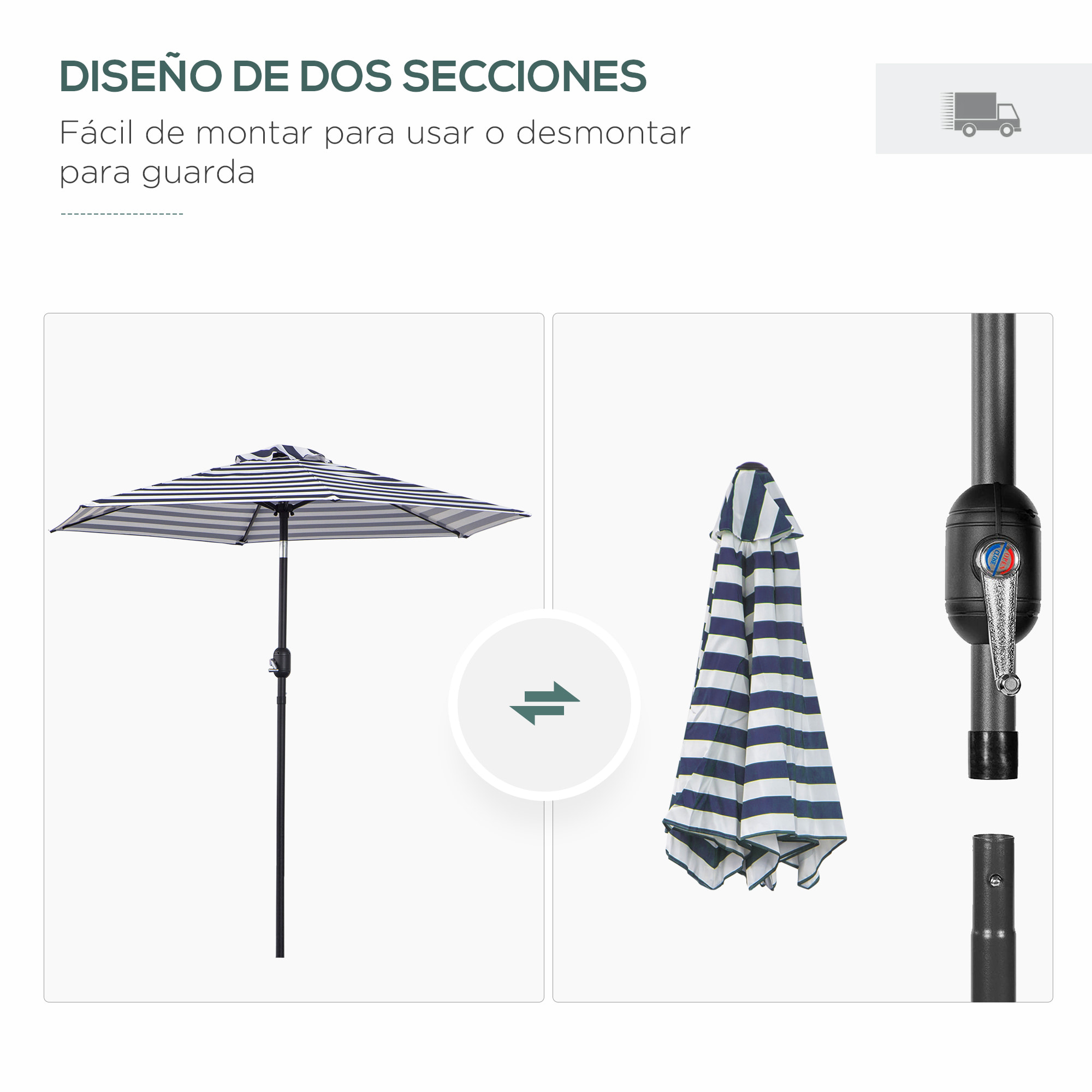 Sombrilla Terraza Exterior, Ø230x216 cm, Sombrilla de Jardín con Ángulo Ajustable y Manivela, Impermeable, Parasol para Patio, Terraza, Azul y Blanco