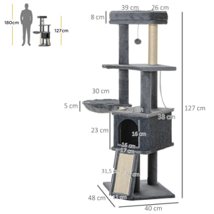 Árbol Rascador para Gatos, Árbol para Gatos 127 cm, Torre Escalador con Cueva, Hamaca, Cama, Plataformas, Rampa de Sisal, Bola Colgante, Gris