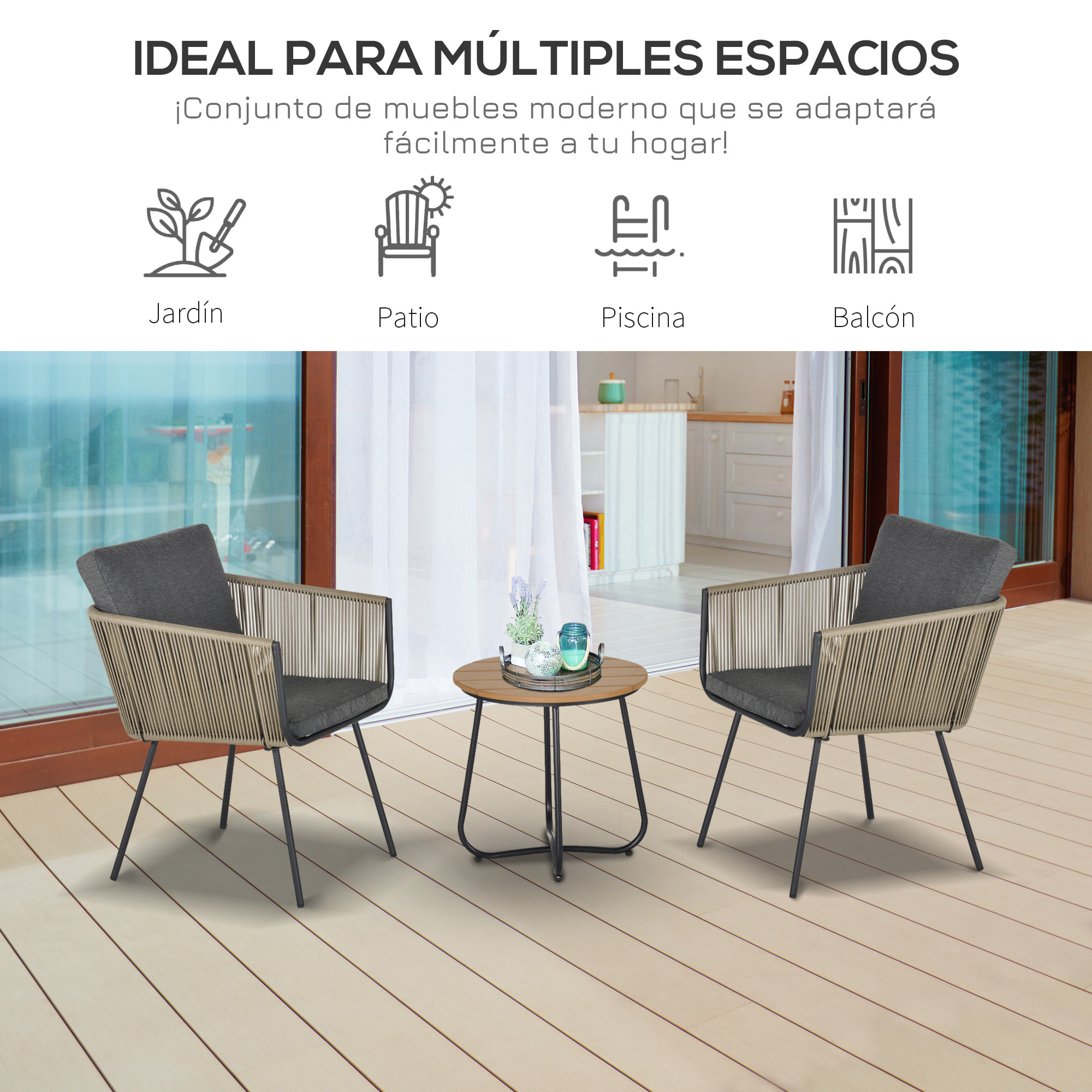 Conjunto de Muebles de Ratán 1 Mesa Redonda y 2 Sillas con Cojines para Jardín