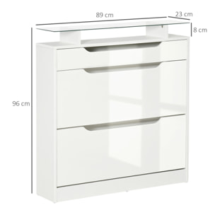 Armoire à chaussures avec 2 tiroirs rabattables + 1 tiroir coulissant + 1 comptoir et 1 plateau en verre étagère réglable sur 2 niveaux 89 x 23 x 96 cm blanc