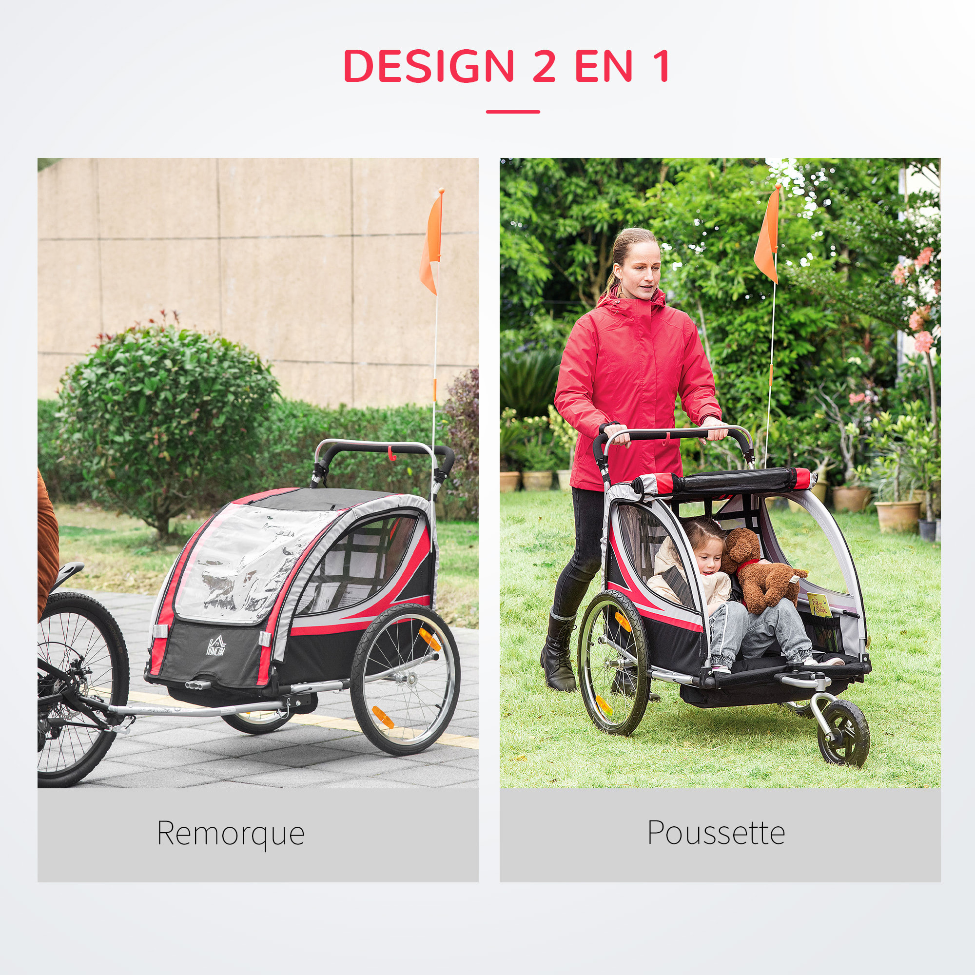 Remorque vélo jogger 2 en 1 pour enfant drapeau roue avant pivotante réflecteurs et barre d'attelage inclus rouge noir