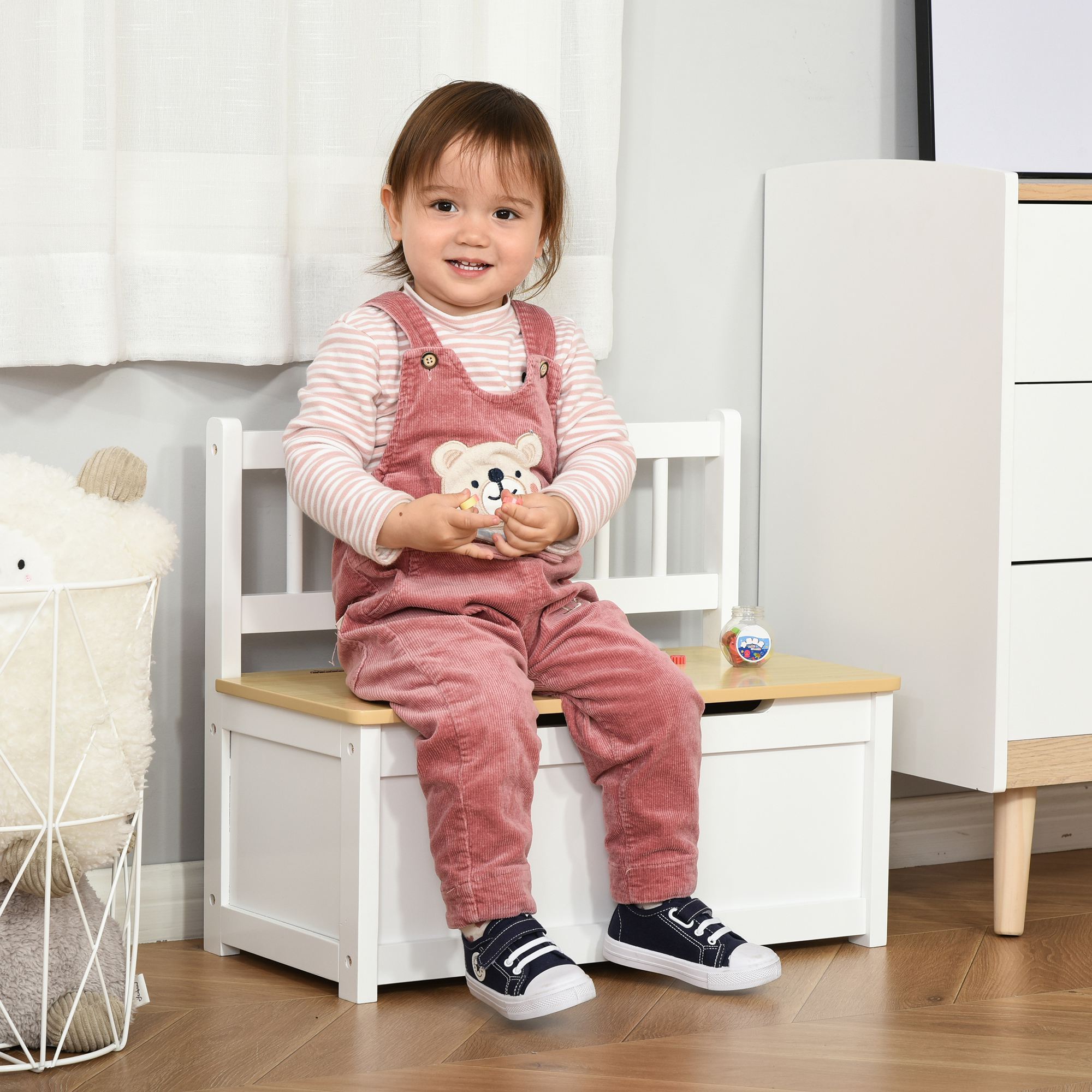 Baúl de Juguetes Banco Almacenamiento Infantil de Madera de Pino con Tapa Amortiguadora y Respaldo Alto para Niños de +2 Años Salas de Juego Habitación 60x30x50 cm Blanco