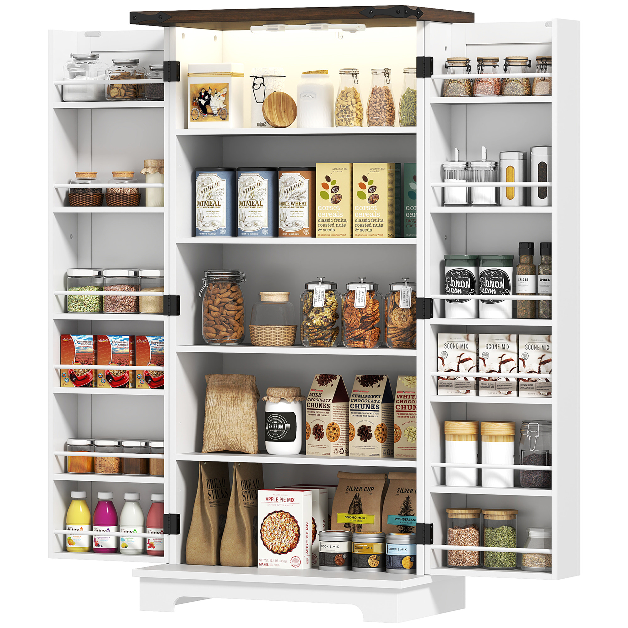 Buffet cuisine, meuble cuisine rangement, vaisselier avec 12 étagères à portes, lumière LED magnétique, double porte de grange, pour salle à manger, salon, 60 x 40 x 120 cm, blanc