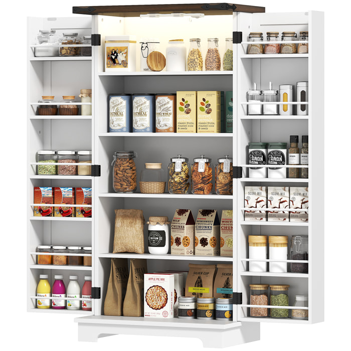 Buffet cuisine, meuble cuisine rangement, vaisselier avec 12 étagères à portes, lumière LED magnétique, double porte de grange, pour salle à manger, salon, 60 x 40 x 120 cm, blanc