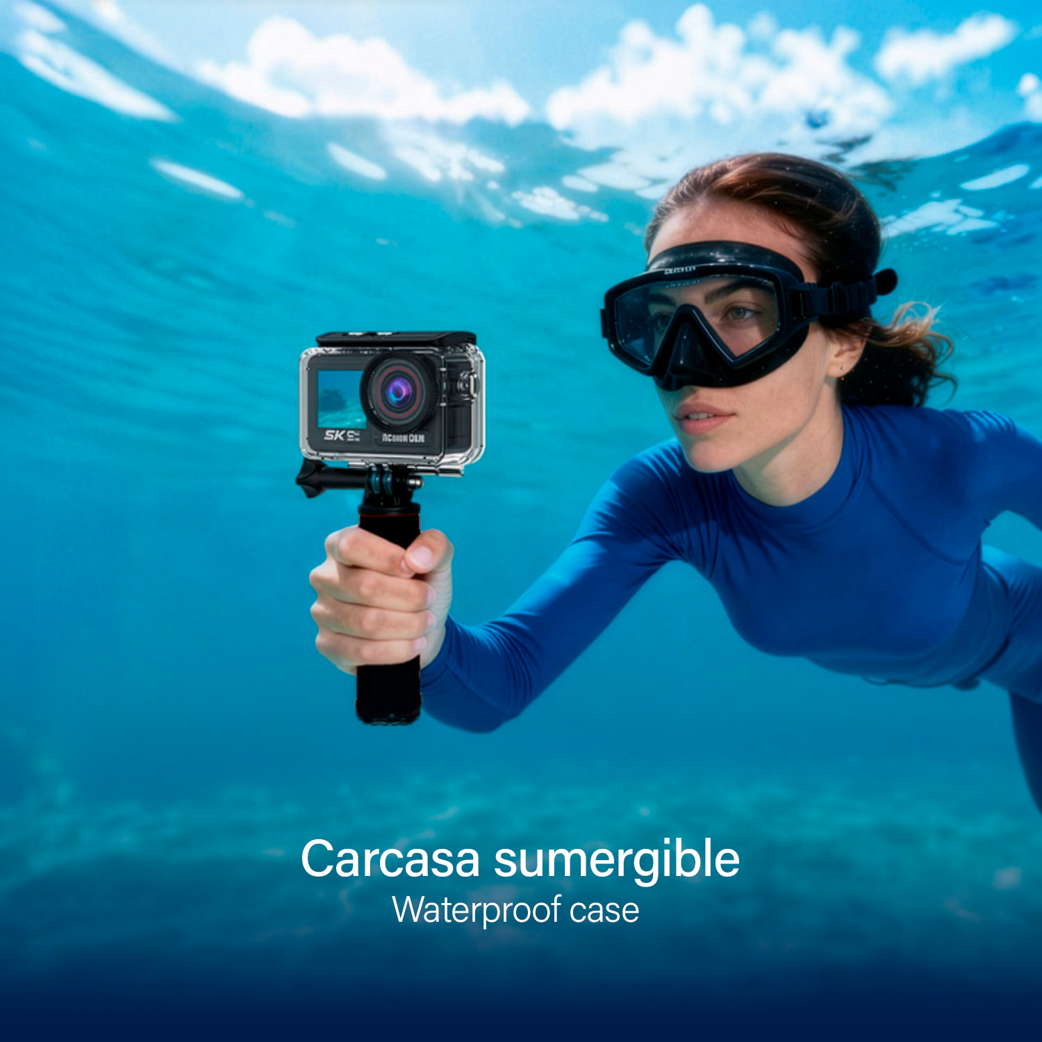 Cámara deportiva WIFI M90TR doble pantalla ultra HD de 2.2" y HD de 1.4", vídeo hasta 5K 60FPS y fotografías de hasta 64 MP. Zoom digital 5x, múltiples modos de foto y vídeo. Sumergible 30M.