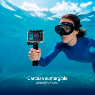 Cámara deportiva WIFI M90TR doble pantalla ultra HD de 2.2" y HD de 1.4", vídeo hasta 5K 60FPS y fotografías de hasta 64 MP. Zoom digital 5x, múltiples modos de foto y vídeo. Sumergible 30M.