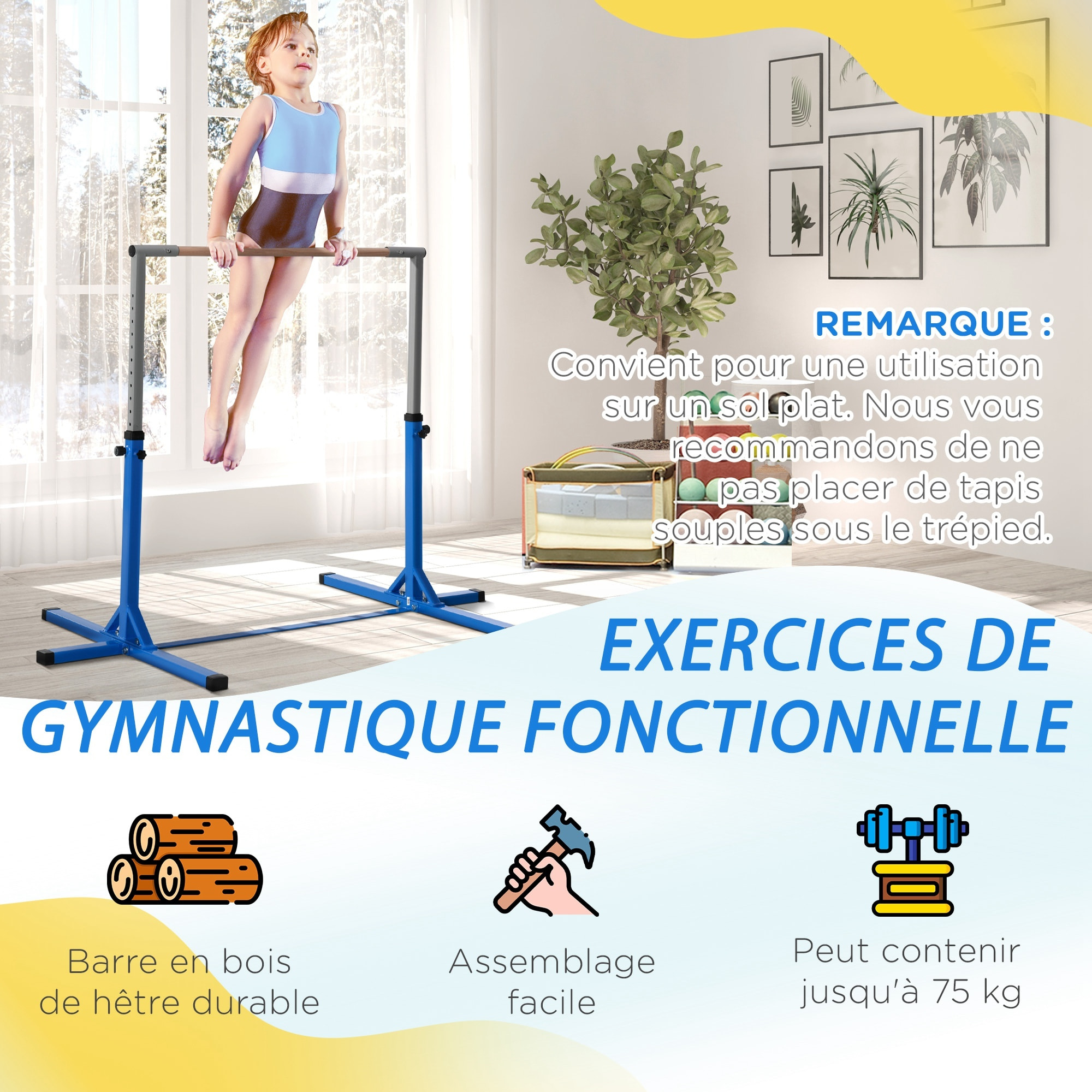 Barre fixe de gymnastique enfant - barre de gymnastique hauteur réglable 13 niveaux 92 à 150 cm - acier bleu bois massif hêtre