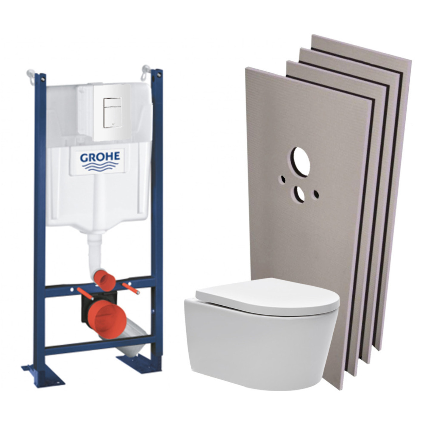 Pack WC Bâti autoportant + Cuvette SAT sans bride, fixations cachées + Plaque blanche + Set habillage