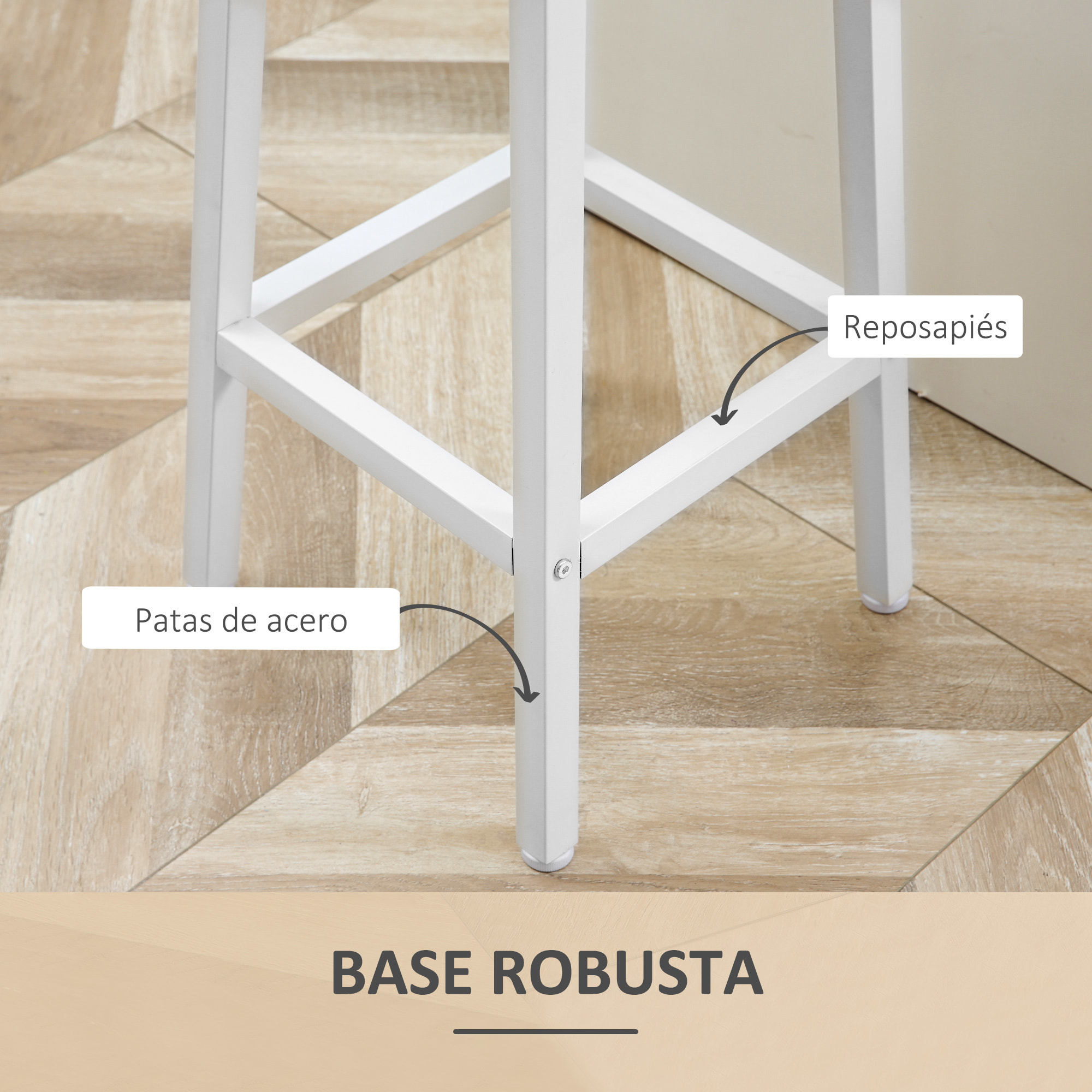 HOMCOM Juego de 2 Taburetes Altos de Cocina Taburetes de Bar con Patas de Acero y Reposapiés para Salón Comedor Bar Carga 75 kg 32,5x32,5x65 cm Natural y Blanco